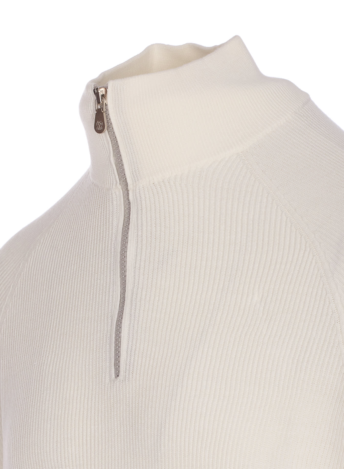 Brunello Cucinelli Men English Rib Cotton Sweater With Zip Opening In White