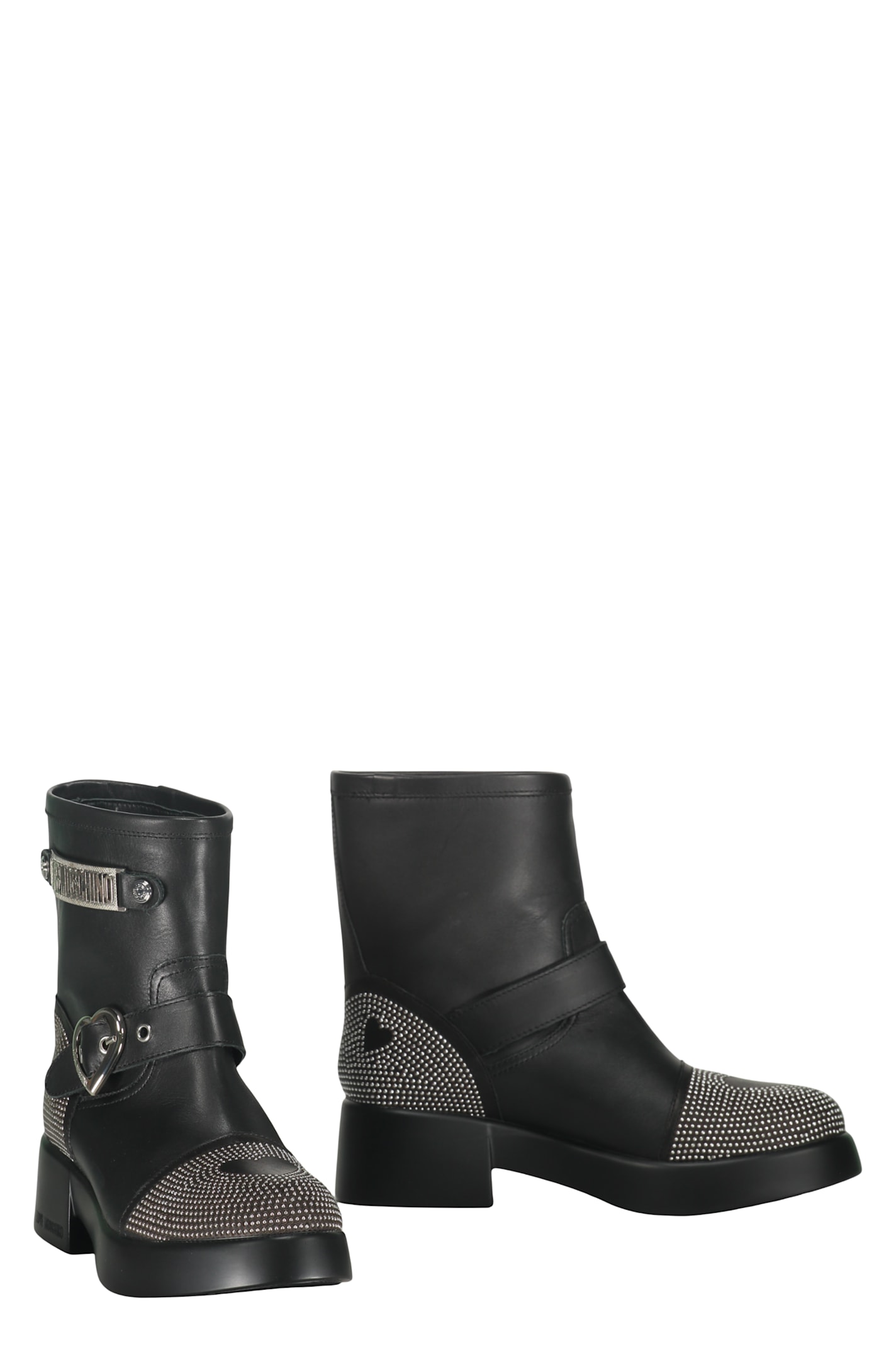 Moschino Buckle-detailed Studded Ankle Boots In Black