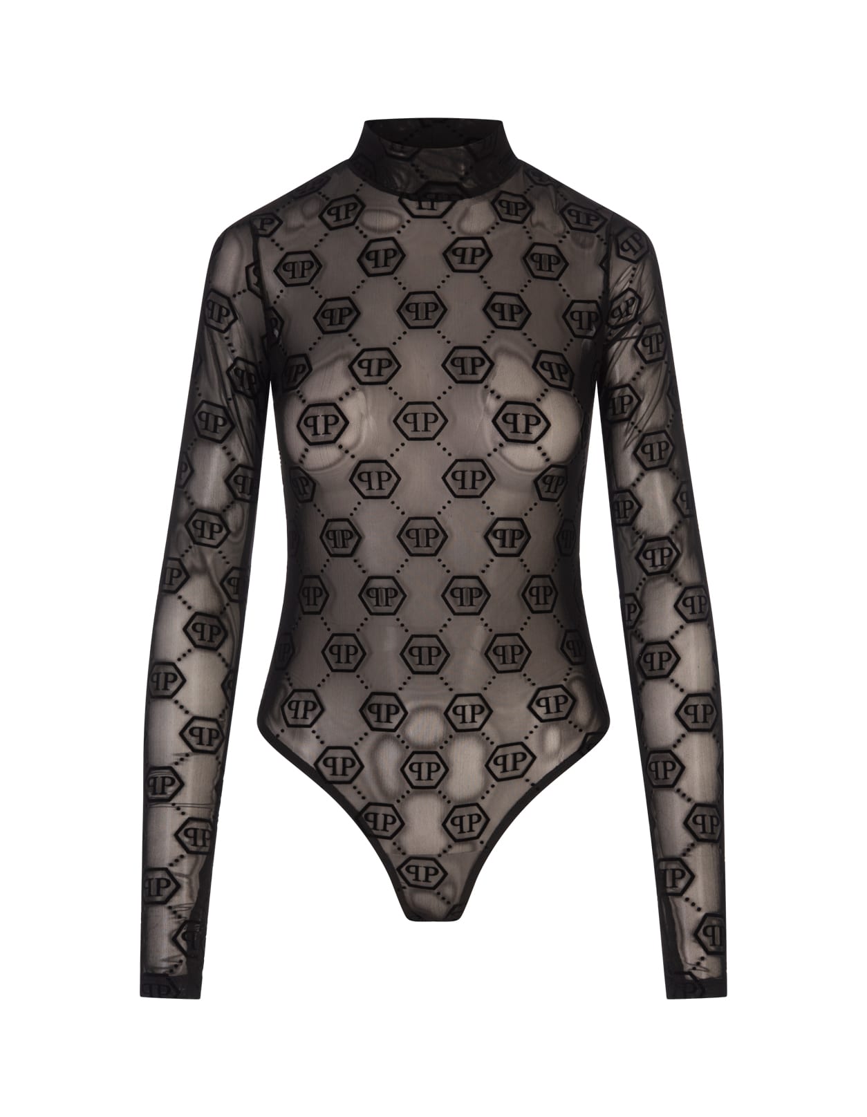 Philipp Plein Black Monogram Tulle Bodysuit Top