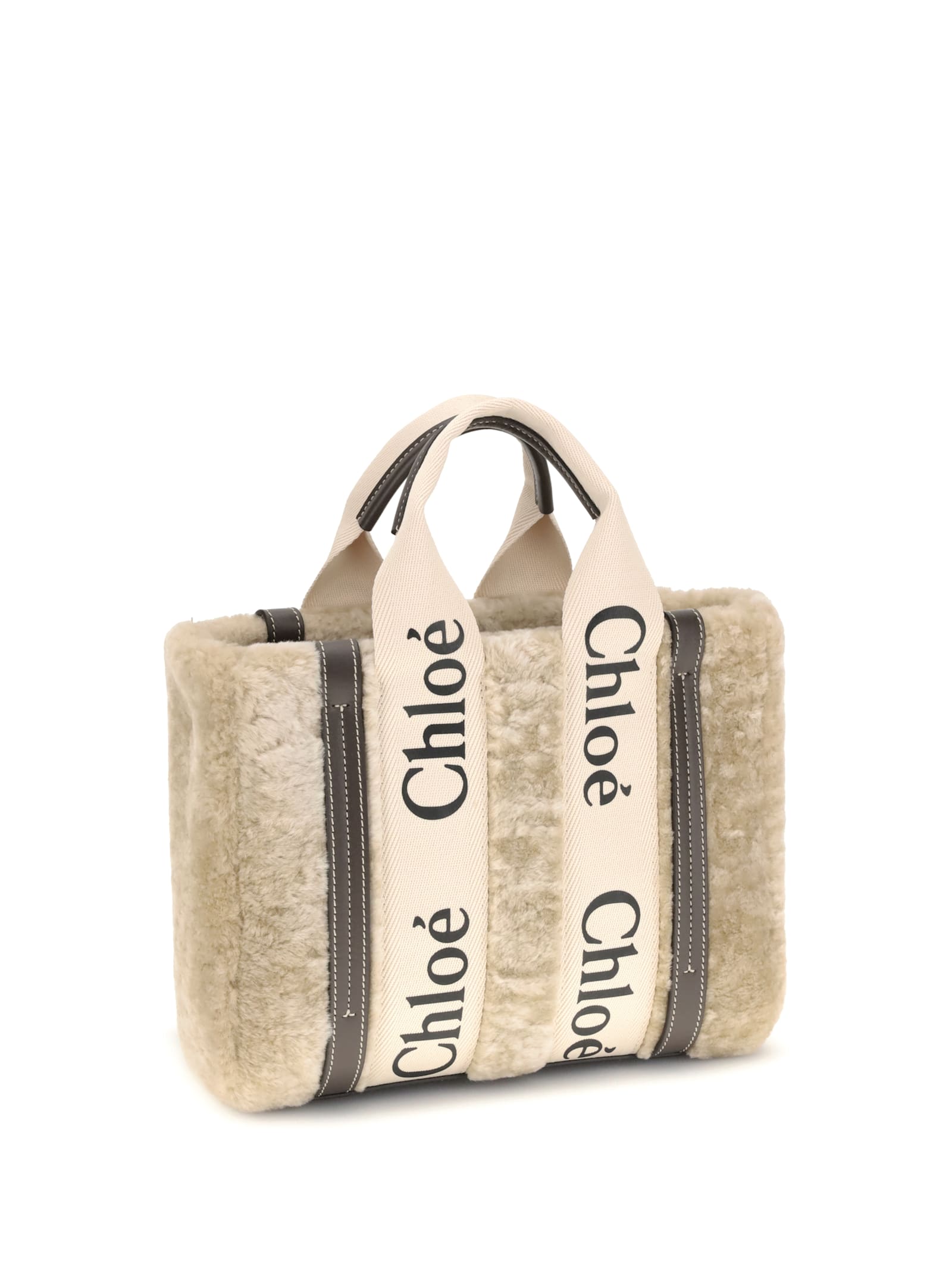 Chloé Small Woody Shearling Tote Bag In White