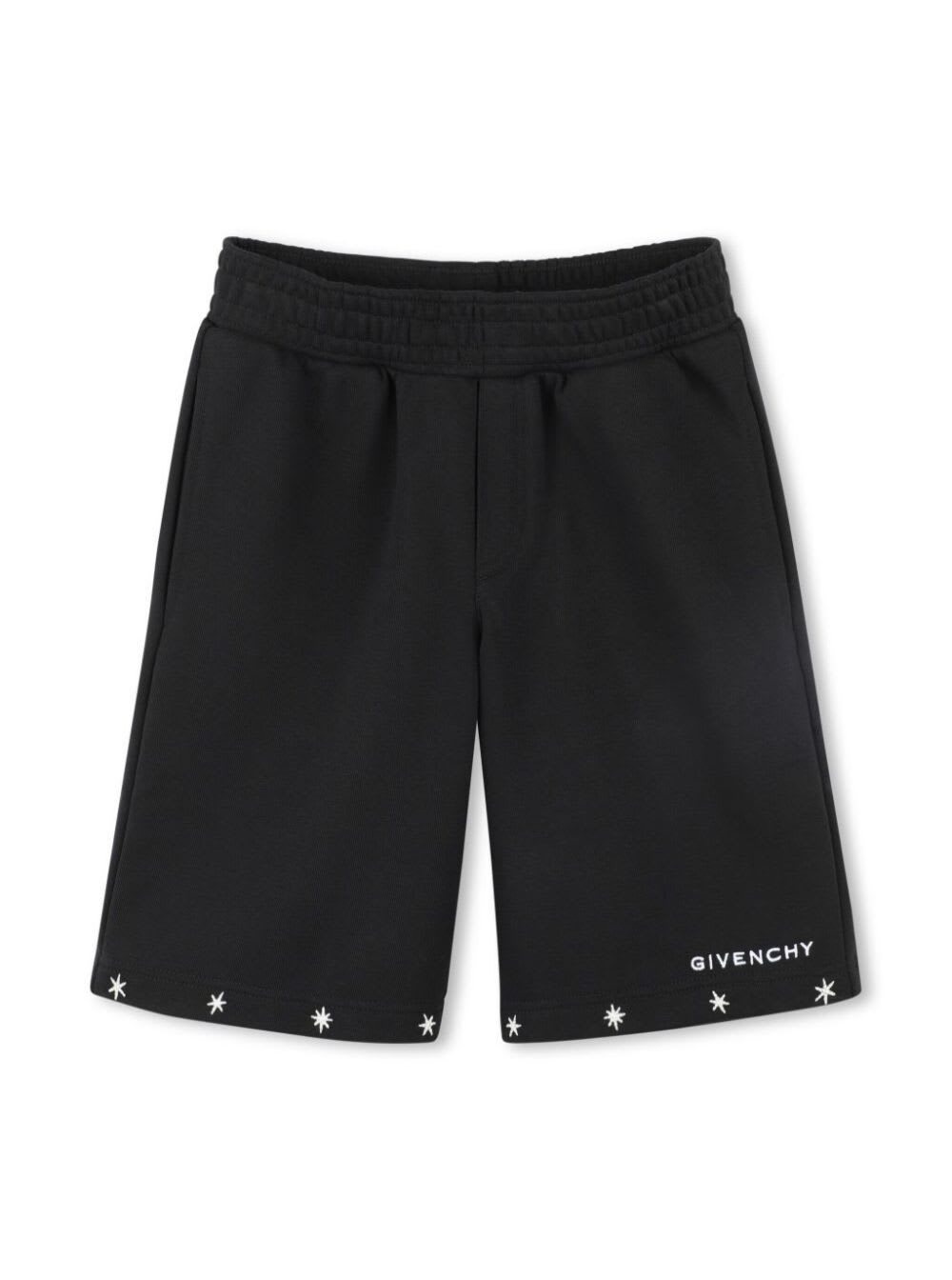 GIVENCHY BLACK SHORTS WITH LOGO LETTERING ON THE FRONT AND STAR EMBROIDERY IN COTTON BLEND BOY