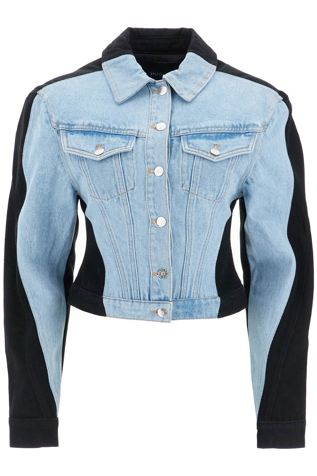 Shop Mugler Bicolor Denim Jacket In Tokyo Blue Black (blue)