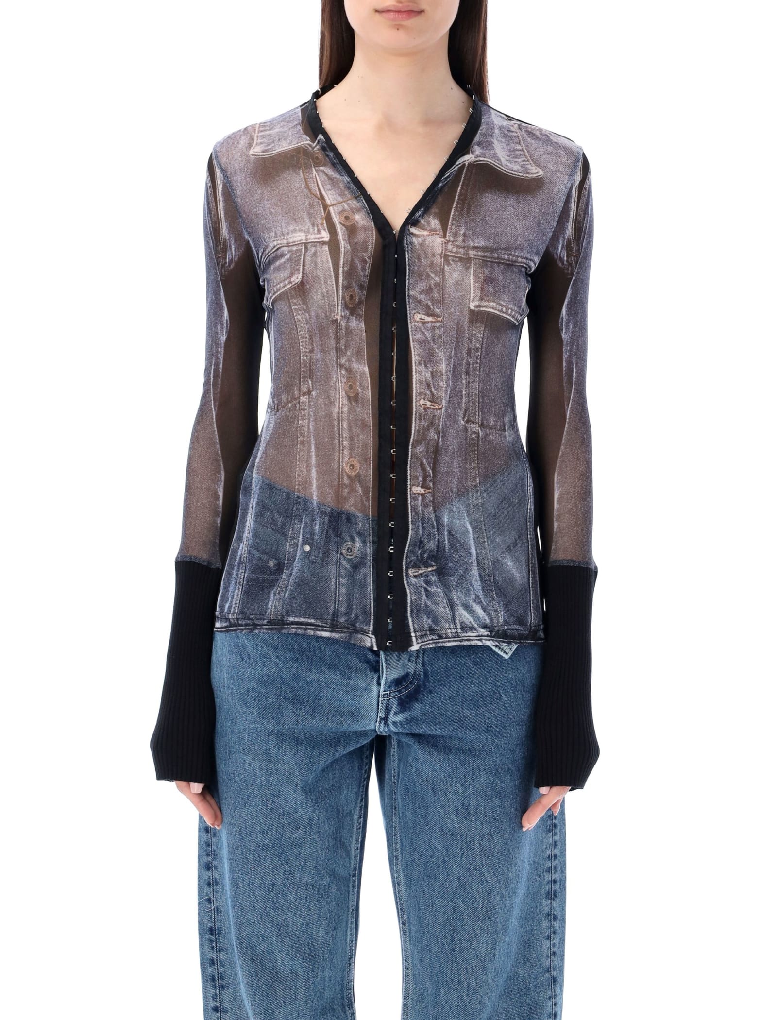 Y/project X Jean Paul Gaultier Trompe-l'oeil Denim Sheer Hook And Eye Top Black And White In Black White