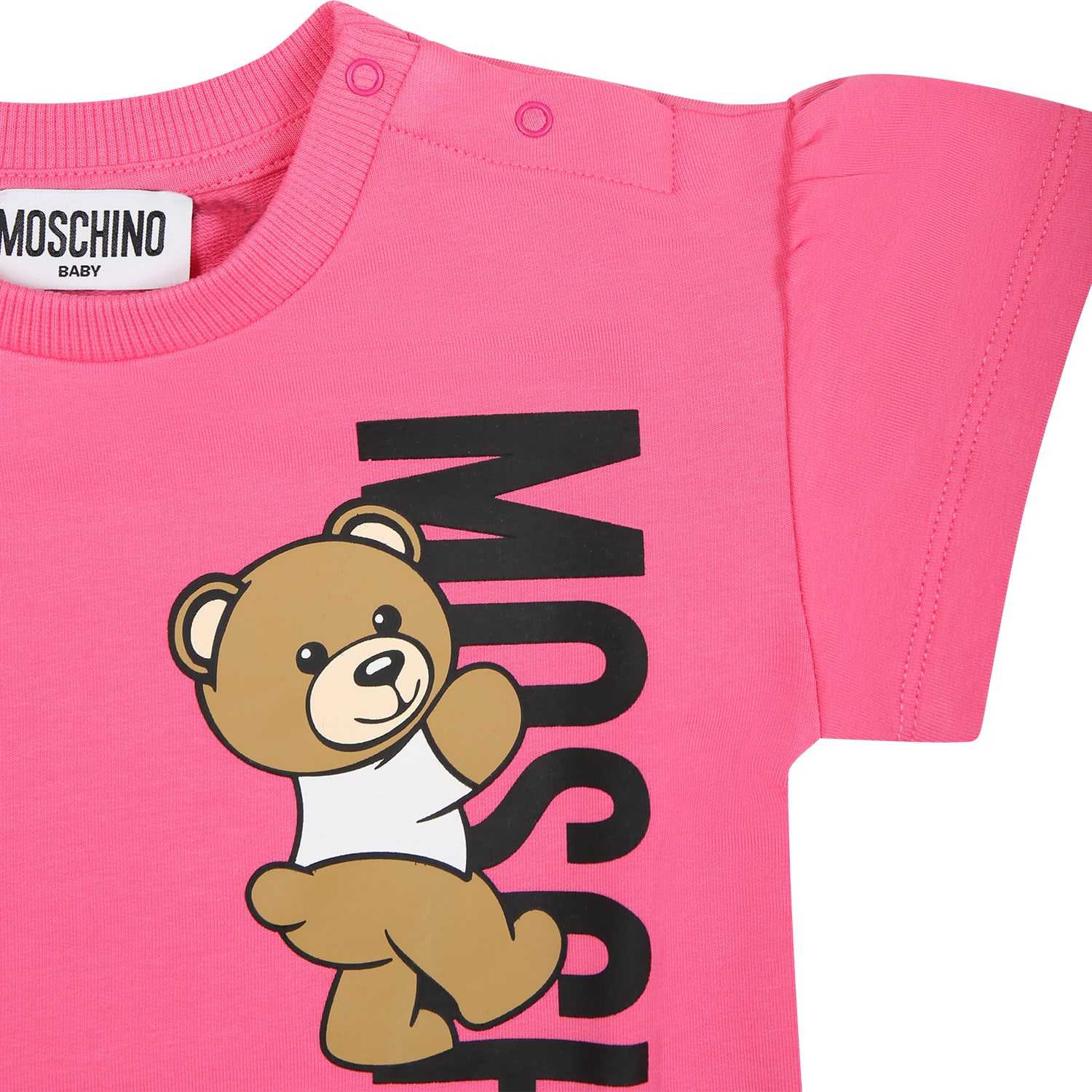Shop Moschino Fuchsia Dress For Baby Girl With Teddy Bear And Logo