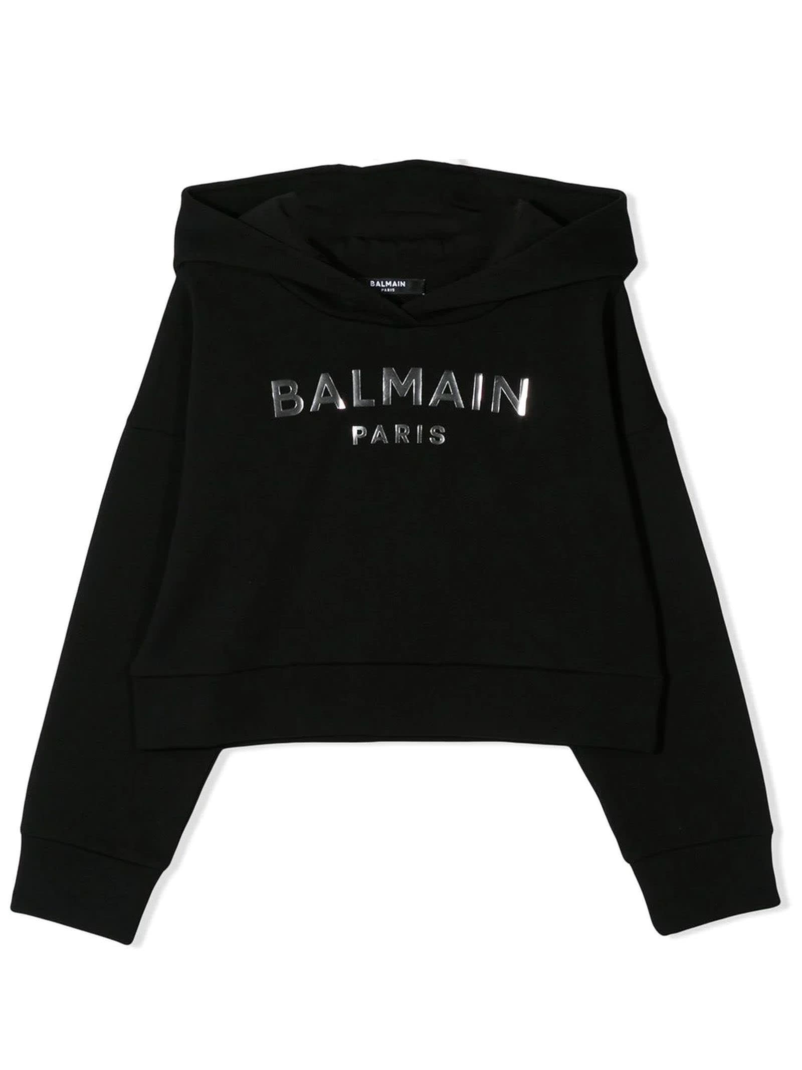 Balmain Black Cotton Logo Print Hoodie