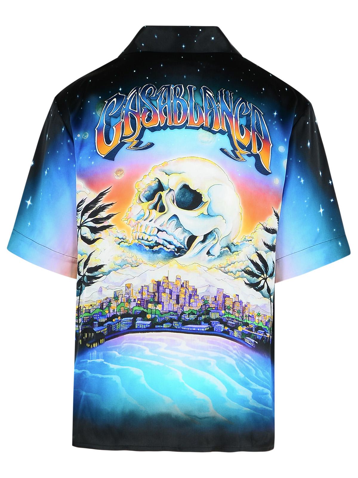 Casablanca Graphically Enhanced Silk Shirt With Cuban Collar In Blue