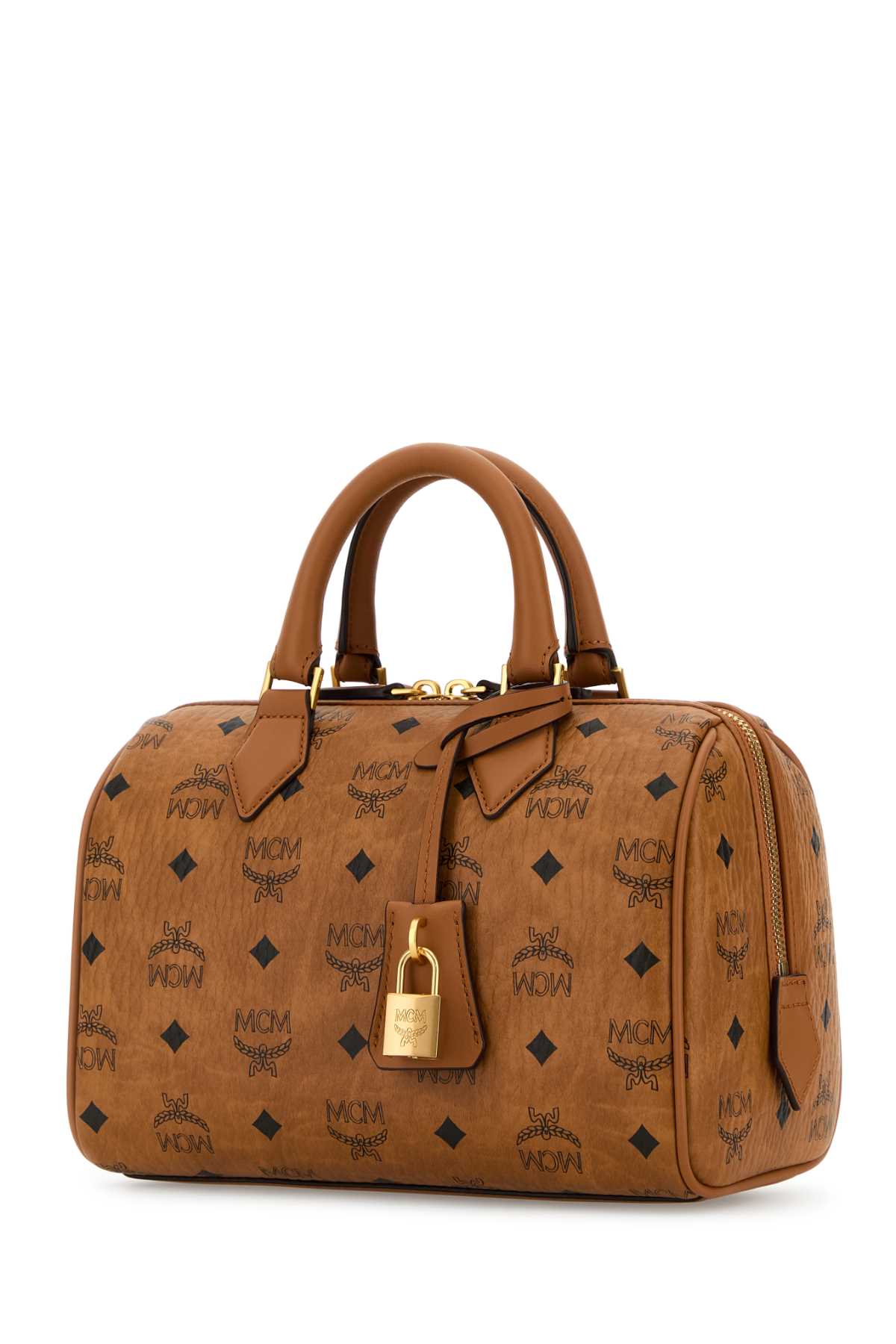 Shop Mcm Printed Canvas Small Ella Boston Handbag In Cognac