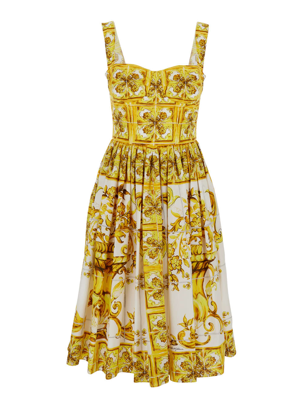 Shop Dolce & Gabbana Midi Yellow And White Bustier Dress With Majolica Print In Cotton Woman