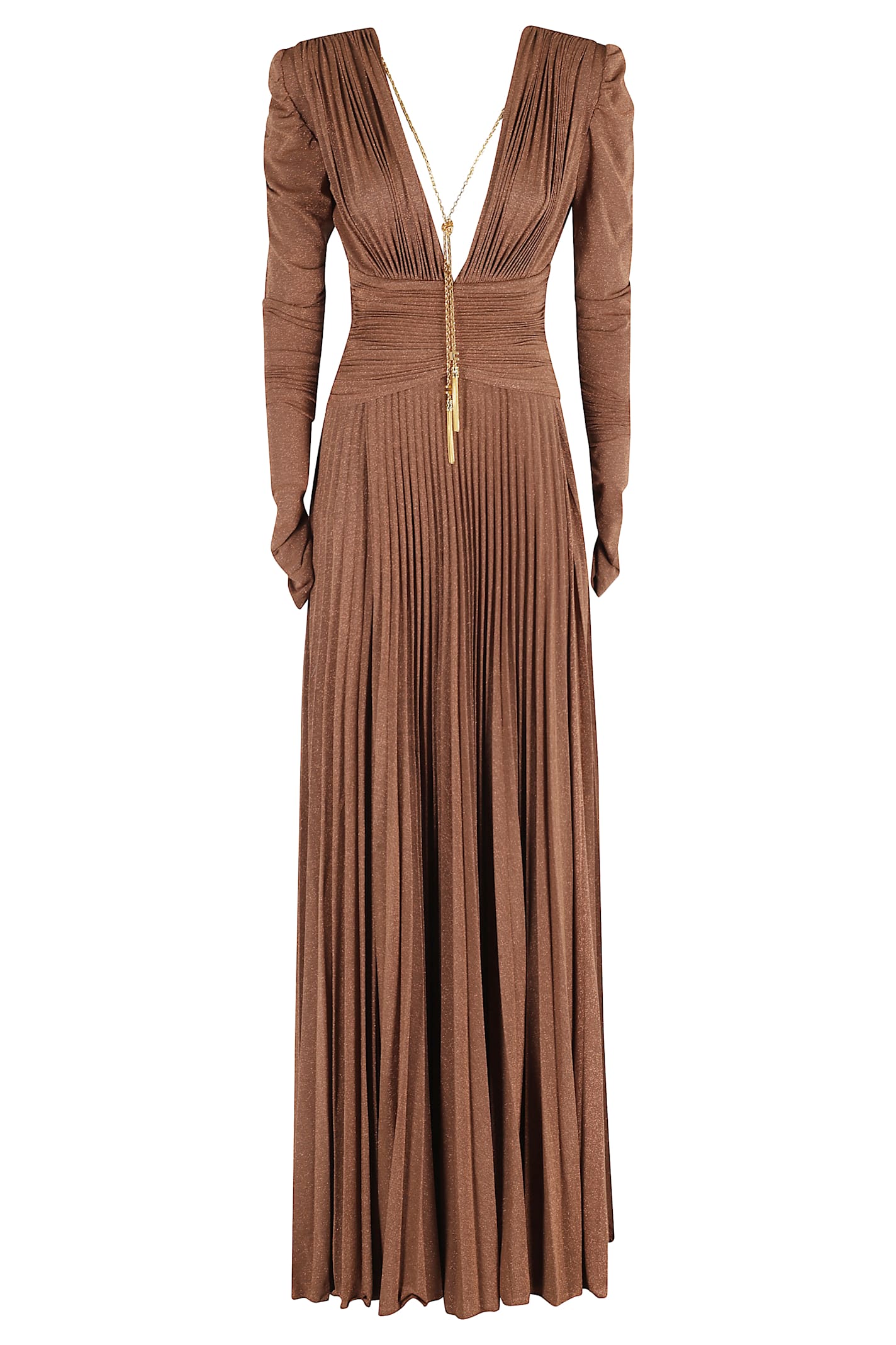 Elisabetta Franchi Fitted Midi Dress With Pleated Skirt In Brown