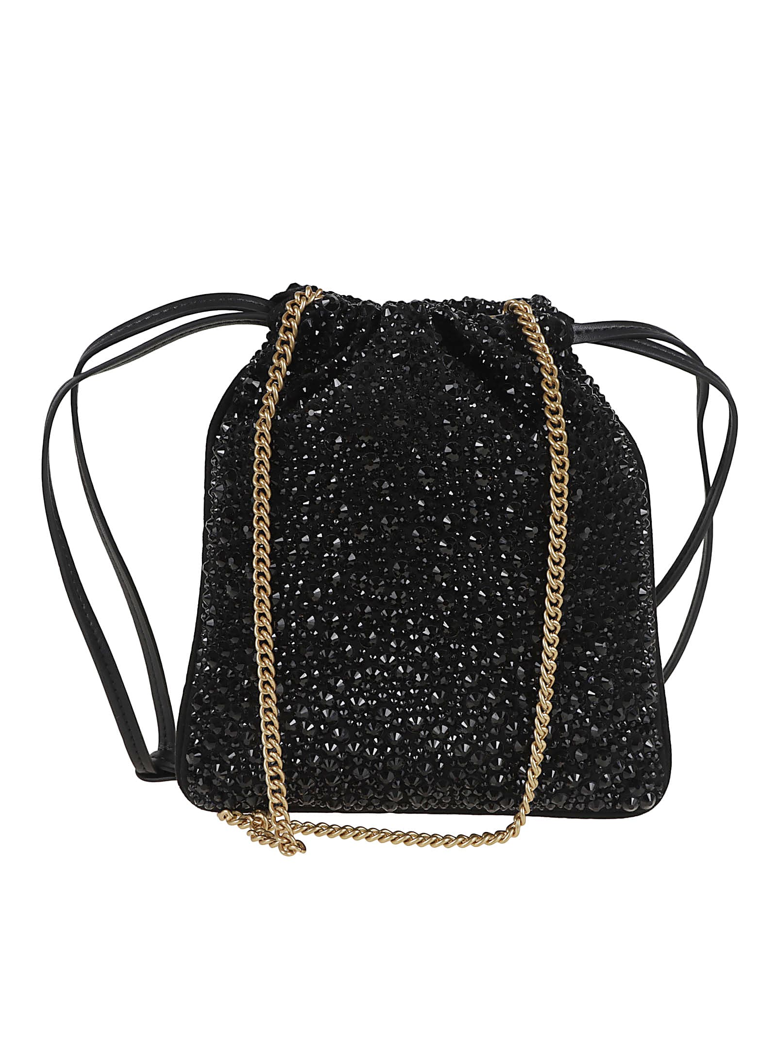 Pinko Black Slouchy Bag With Rhinestone Trim And Drawstring Closure In Black
