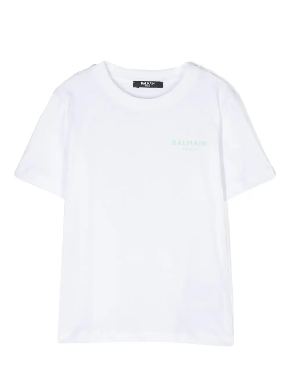 Shop Balmain White T-shirt With Light Green Logo On Chest