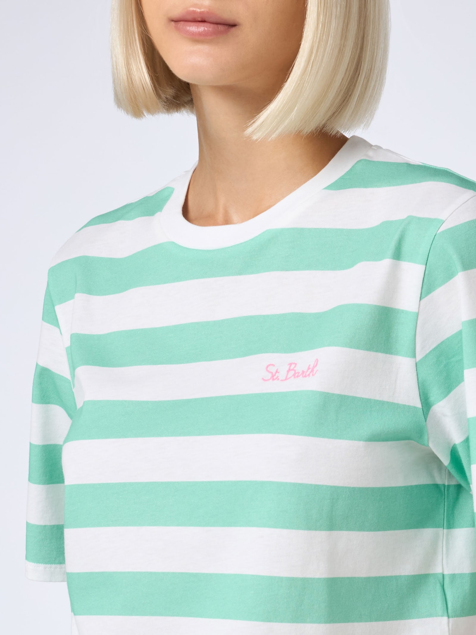 Mc2 Saint Barth Woman Acquamarine And White Striped Crop T-shirt In Rigato