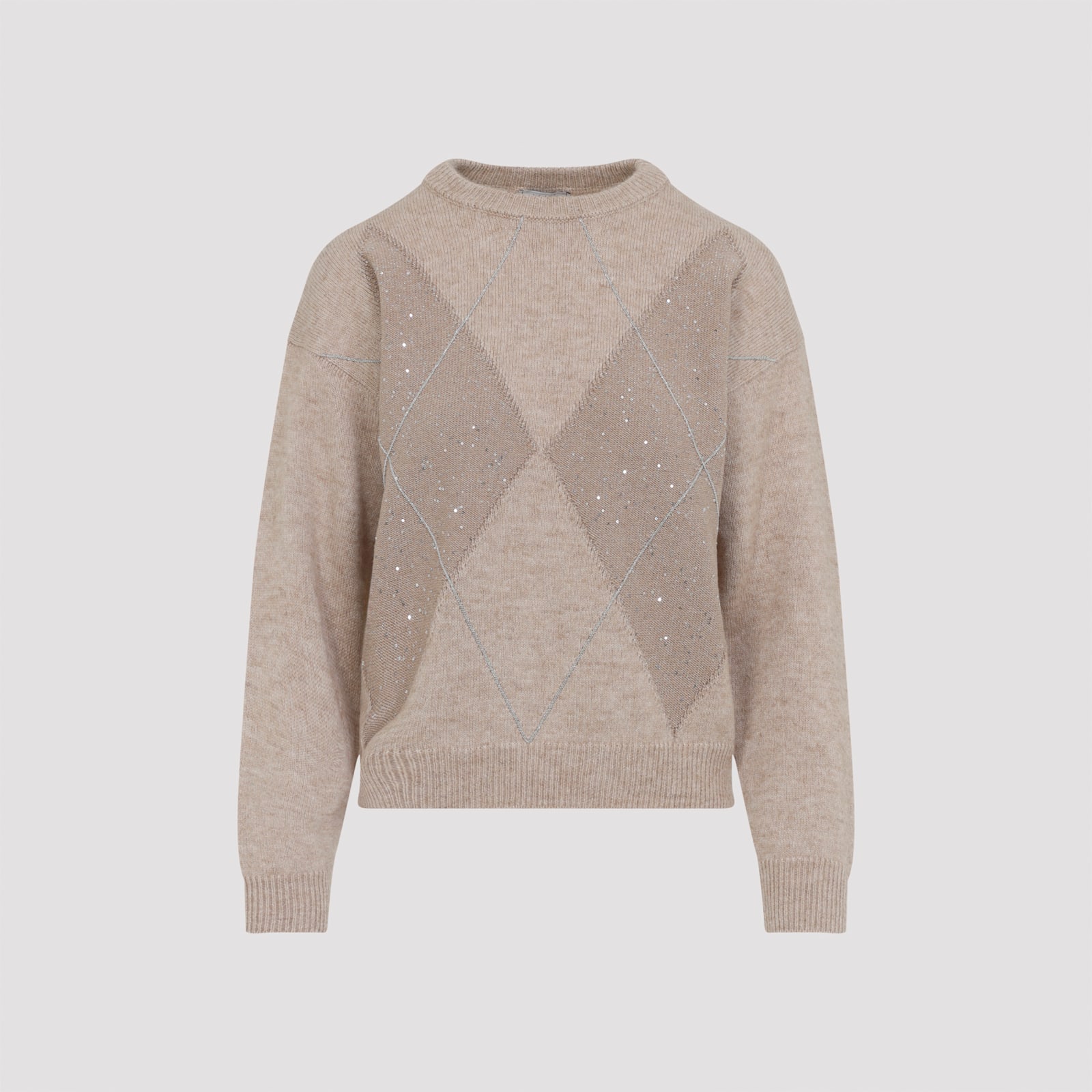 Peserico Argyle Knit Sweater With Sparkling Embellishments In Gray