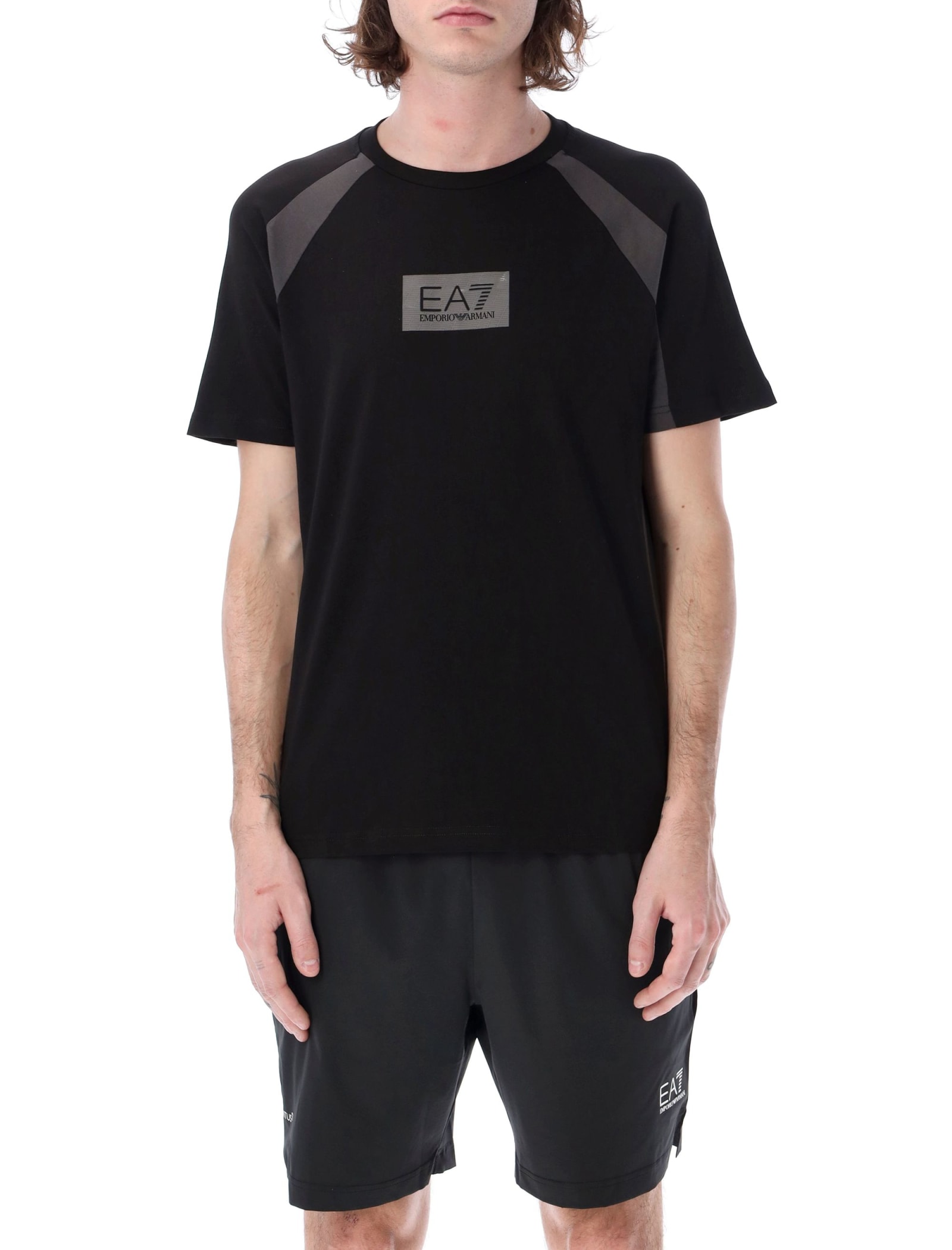 Ea7 Tonal Block Cotton-jersey T-shirt In Black