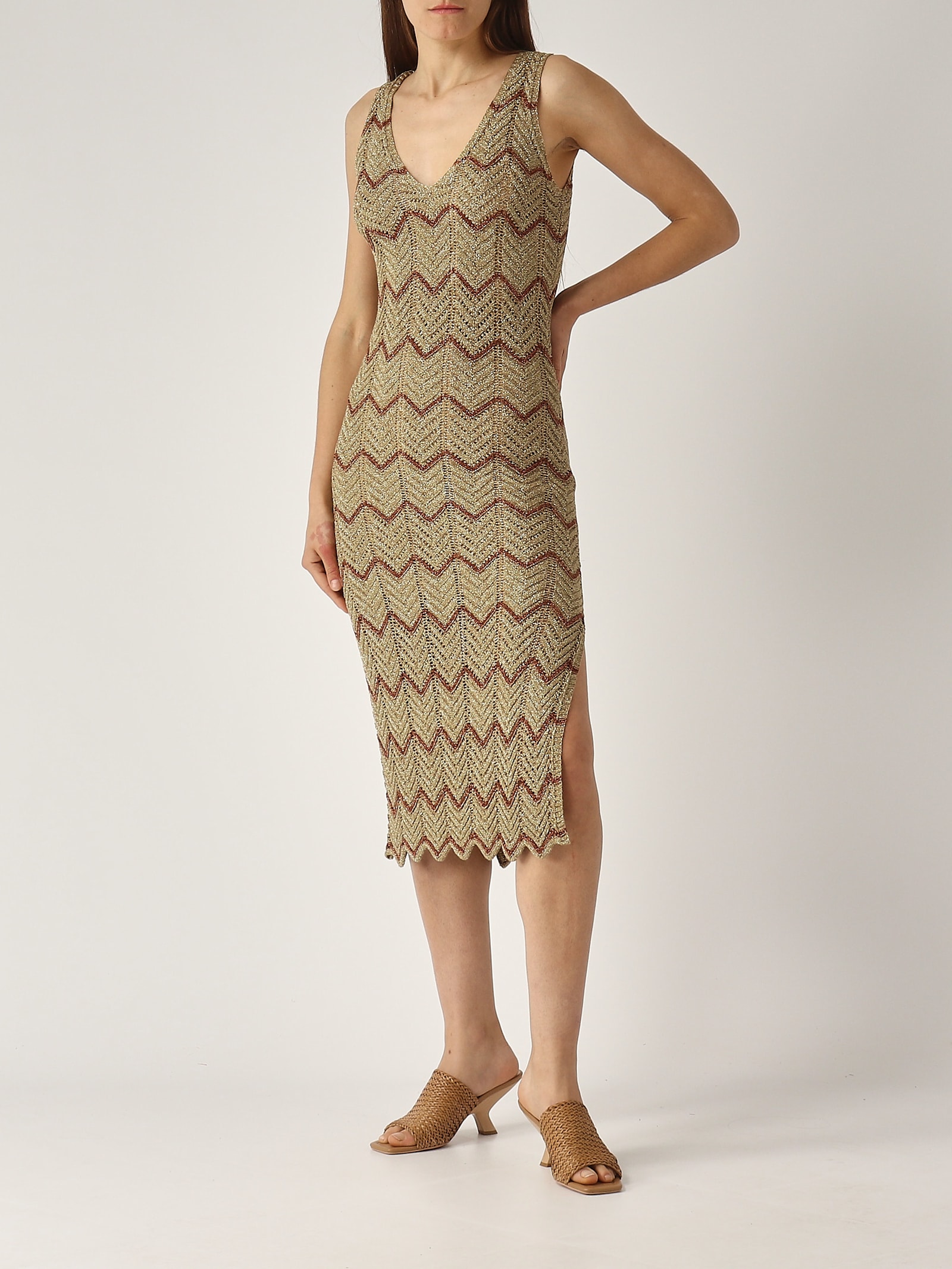 Twinset Midi Dress With Zig Zag Motif With Slit In Ambra