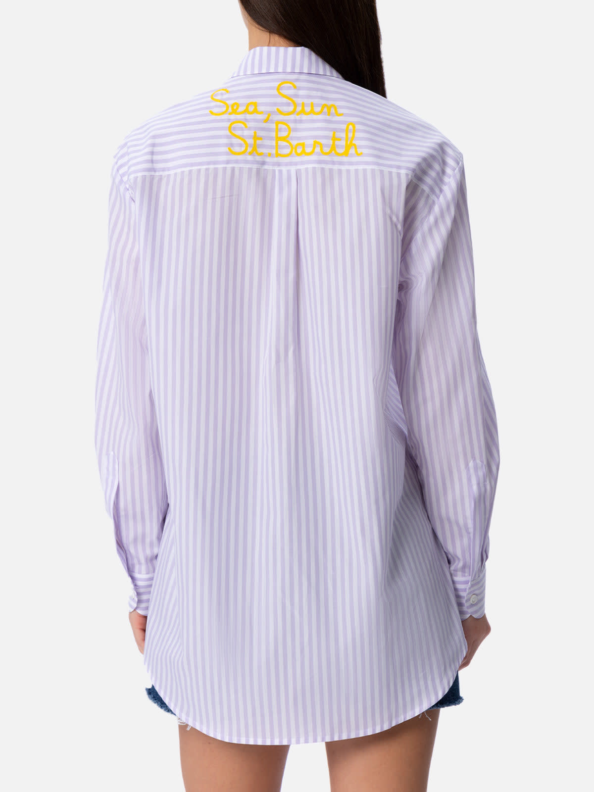 Shop Mc2 Saint Barth Woman Cotton Shirt Brigitte With Striped Print In Lilac