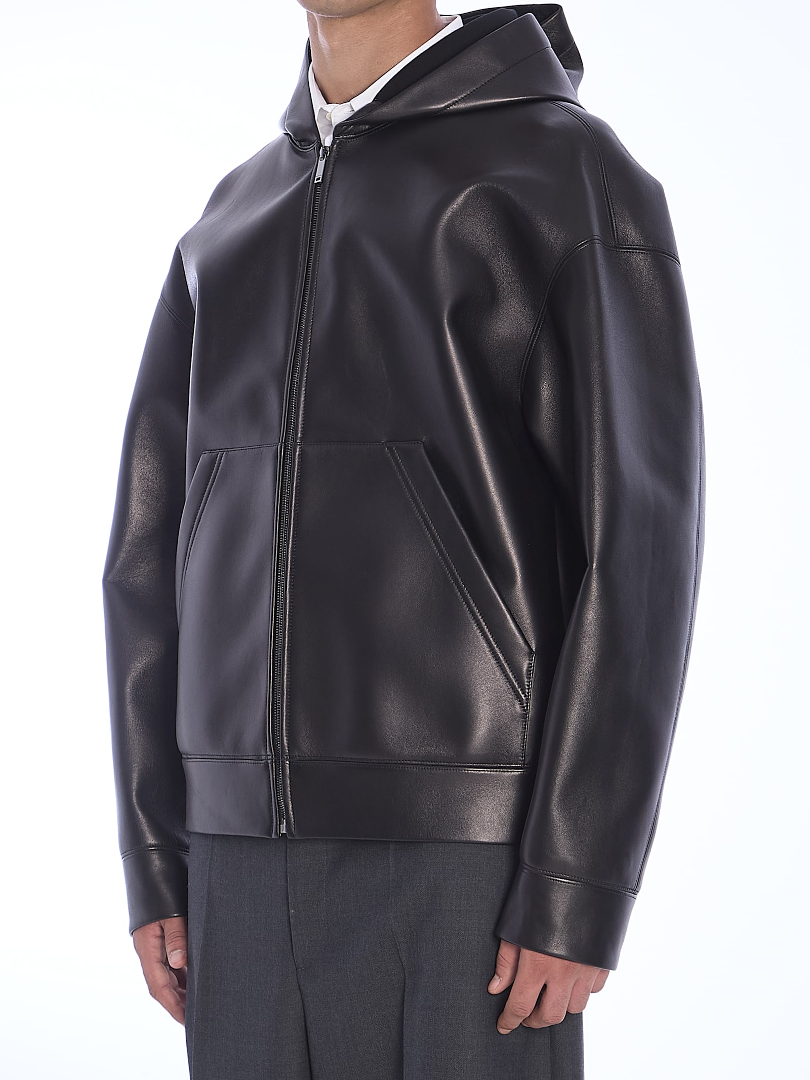 Shop Valentino Leather Hooded Jacket In Black