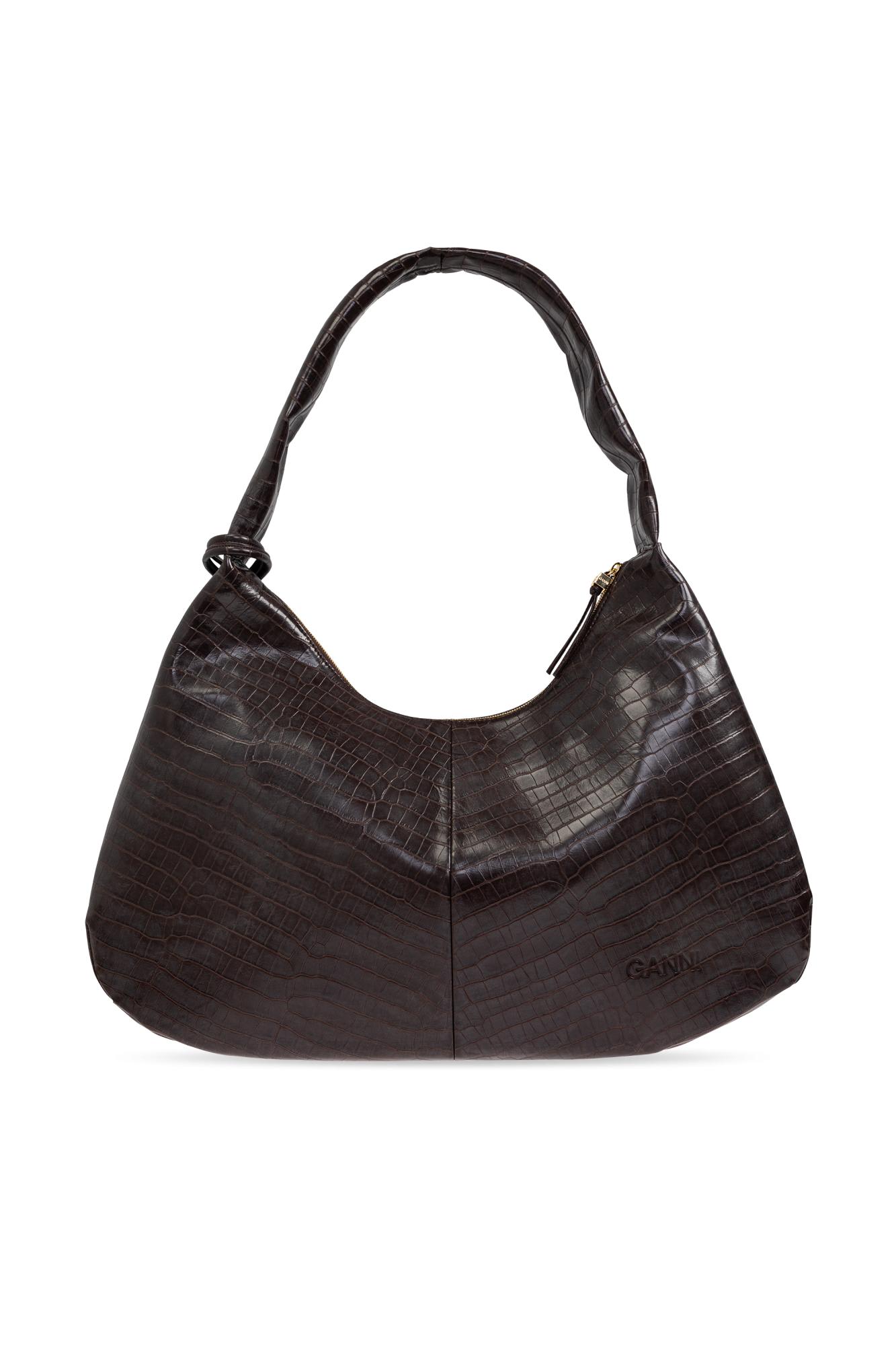 Ganni Xxl Croc-embossed Leather Shoulder Bag In Brown