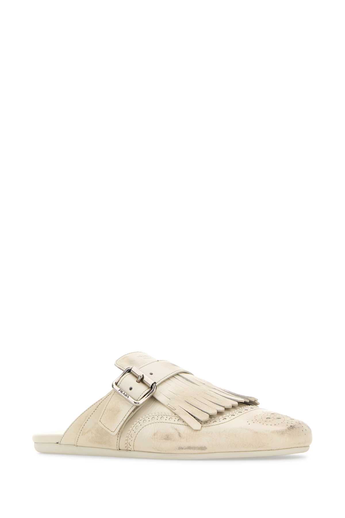 Prada Women Ivory Leather Shuffle Slippers