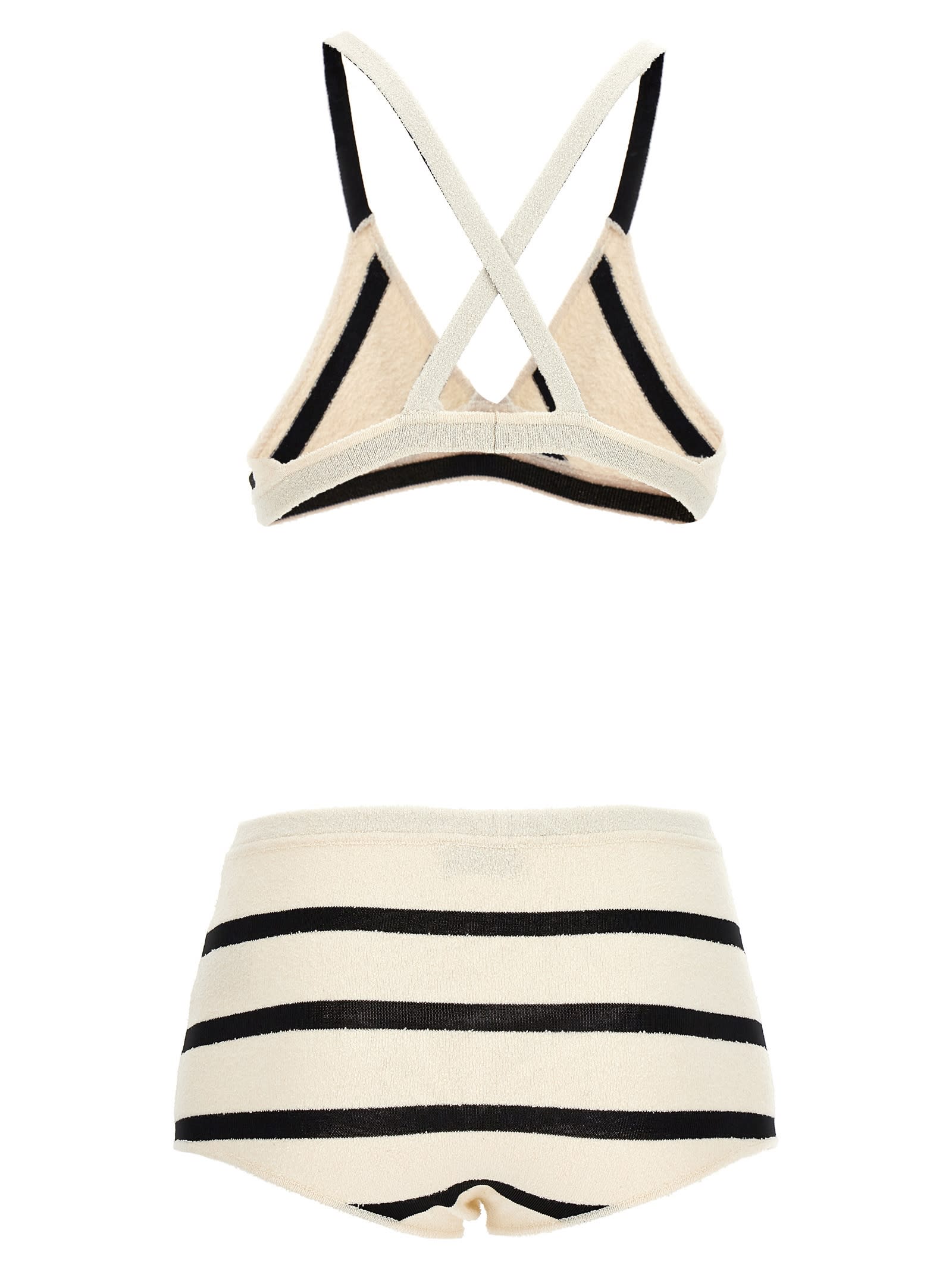 Shop Moncler Bouclé Striped Bikini In White/black