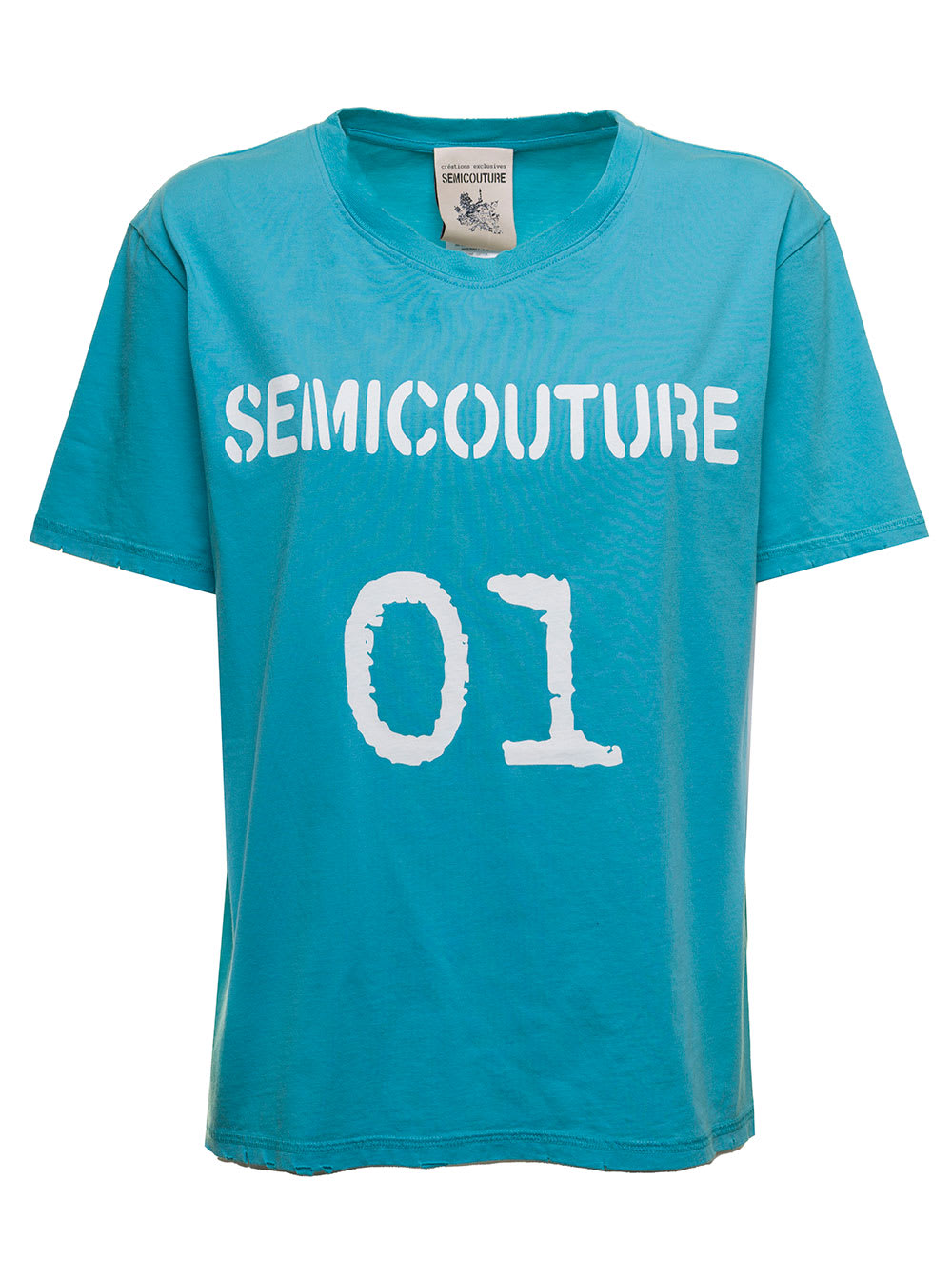 SEMICOUTURE SEMICOUTURE WOMANS LIGHT BLUE COTTON T-SHIRT WITH LOGO PRINT