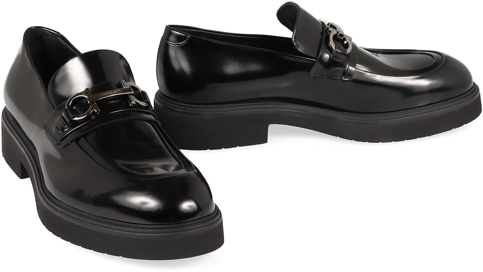 Ferragamo Horsebit Chunky Sole Leather Loafers In Black