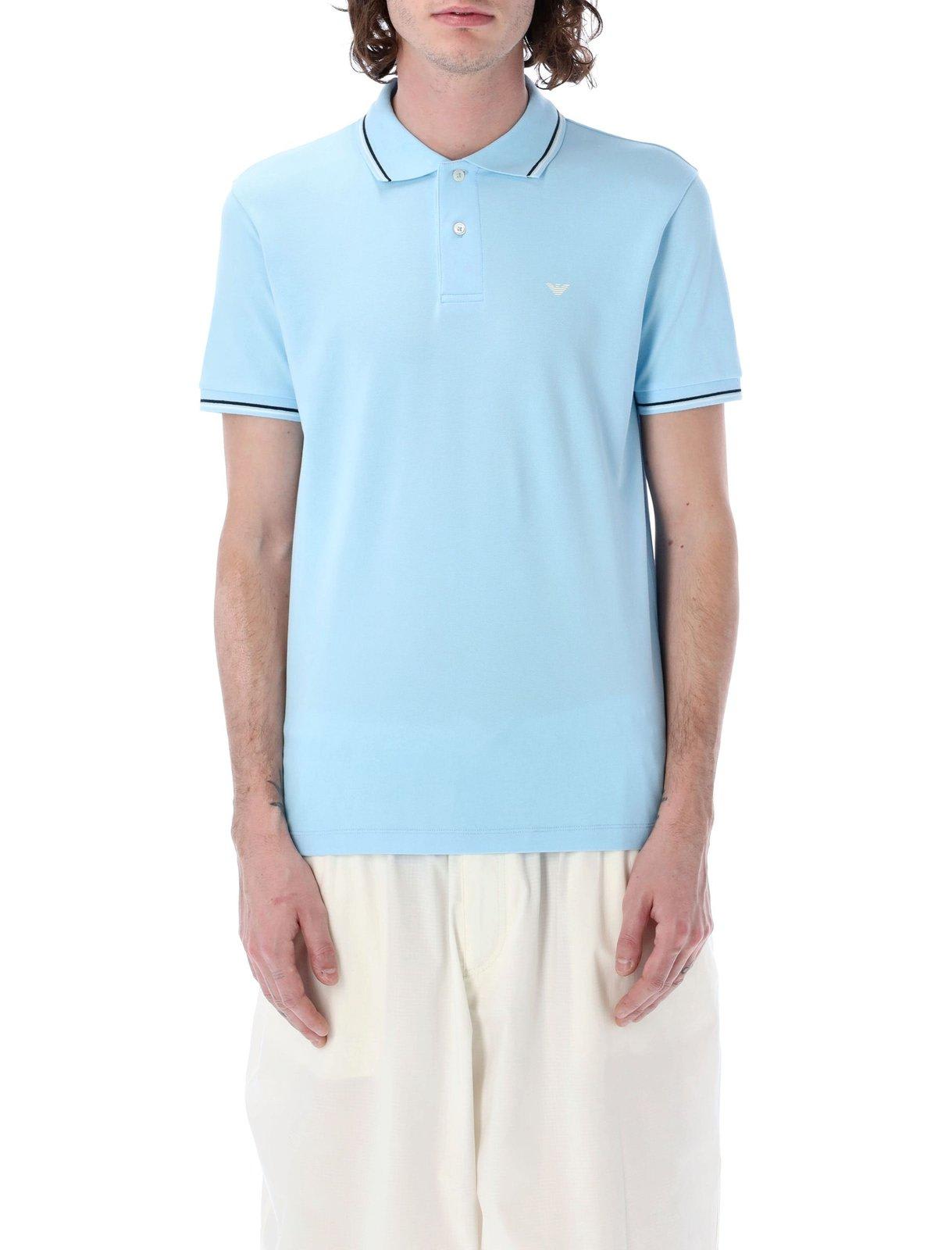 Emporio Armani Logo Printed Short Sleeved Polo Shirt In Azzurro