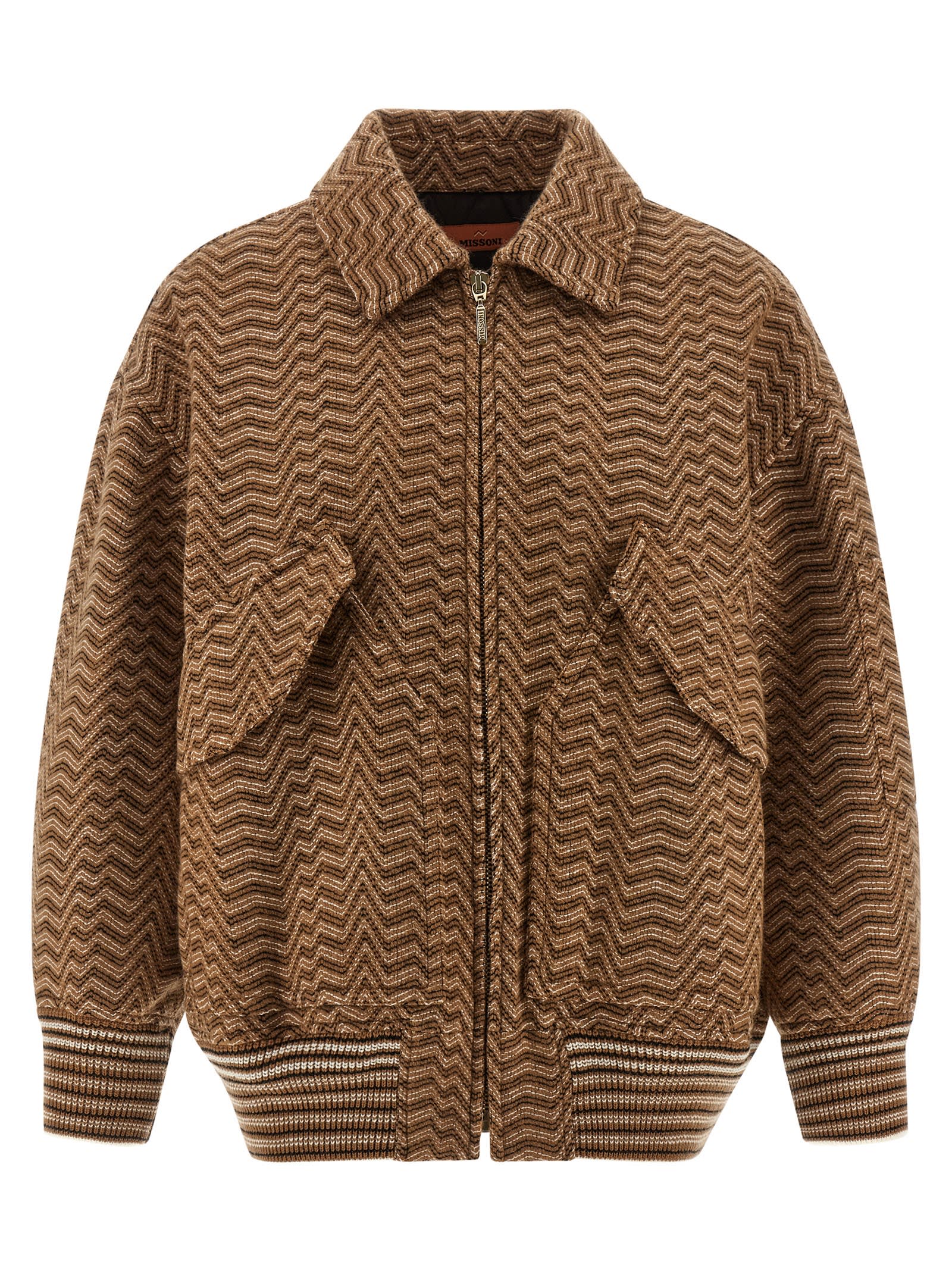 Missoni Chevron Pattern Bomber Jacket Puffer Jackets Beige In Brown