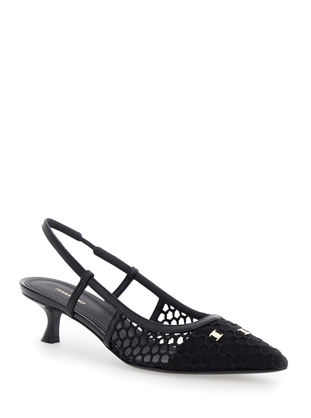 Shop Ferragamo Clizia Black Slingback Pumps With Logo Detail In Mesh And Leather Woman