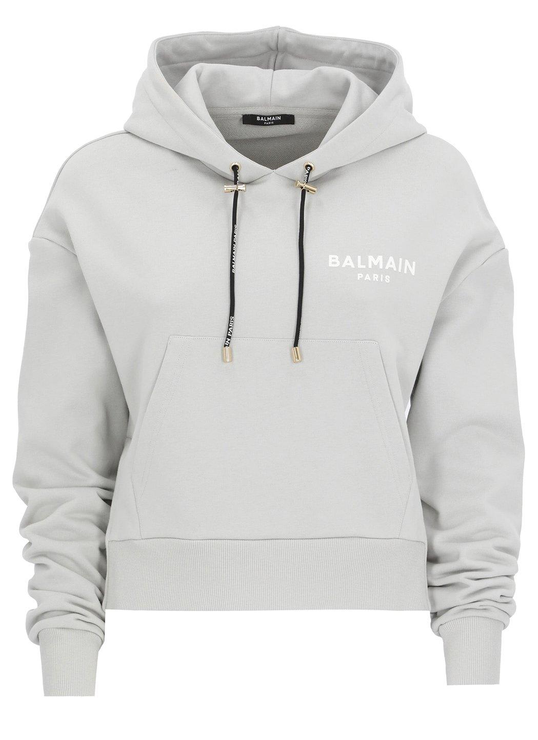 Shop Balmain Logo Flocked Hoodie In Grigio/bianco