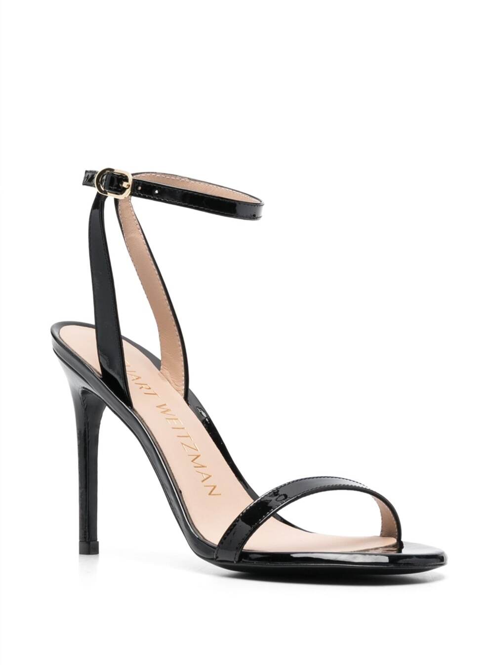 Shop Stuart Weitzman Barely Nude Black Sandals With Stiletto Heel In Patent Leather Woman