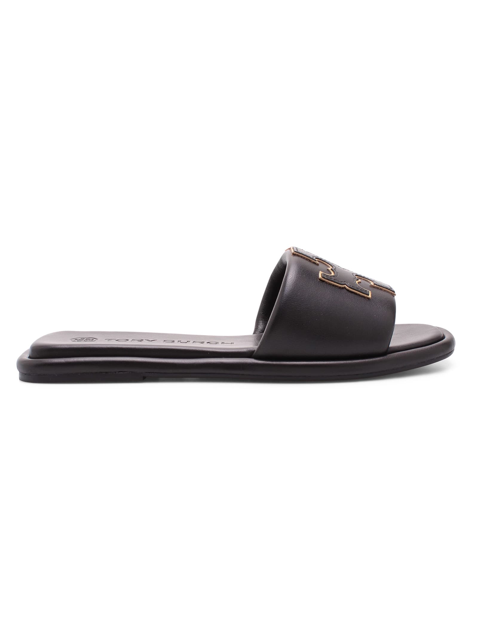 Tory Burch Double T Leather Flat Shoes In Black