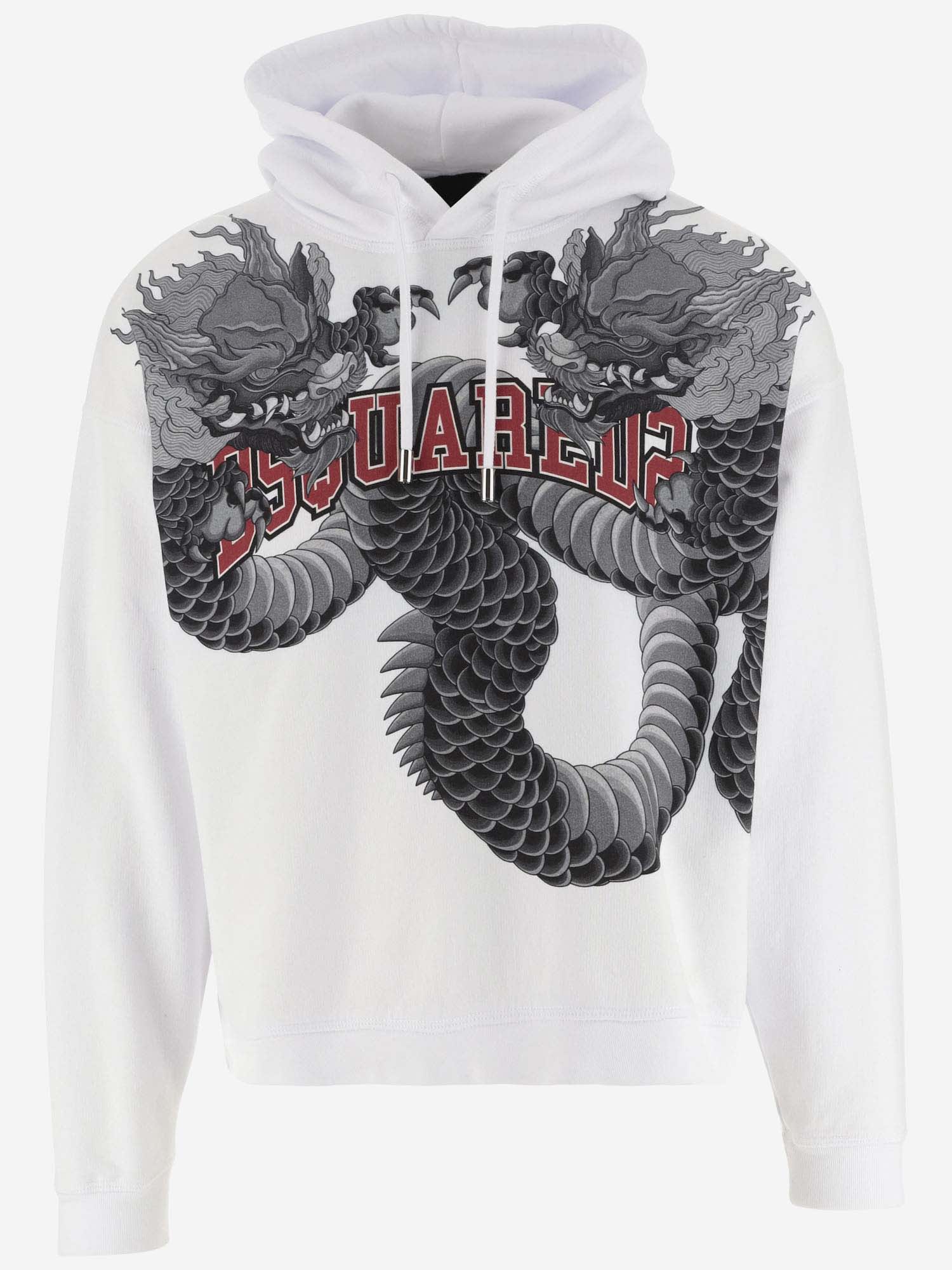 Dsquared2 Brushed Cotton Hoodie With Dragons Priint In White