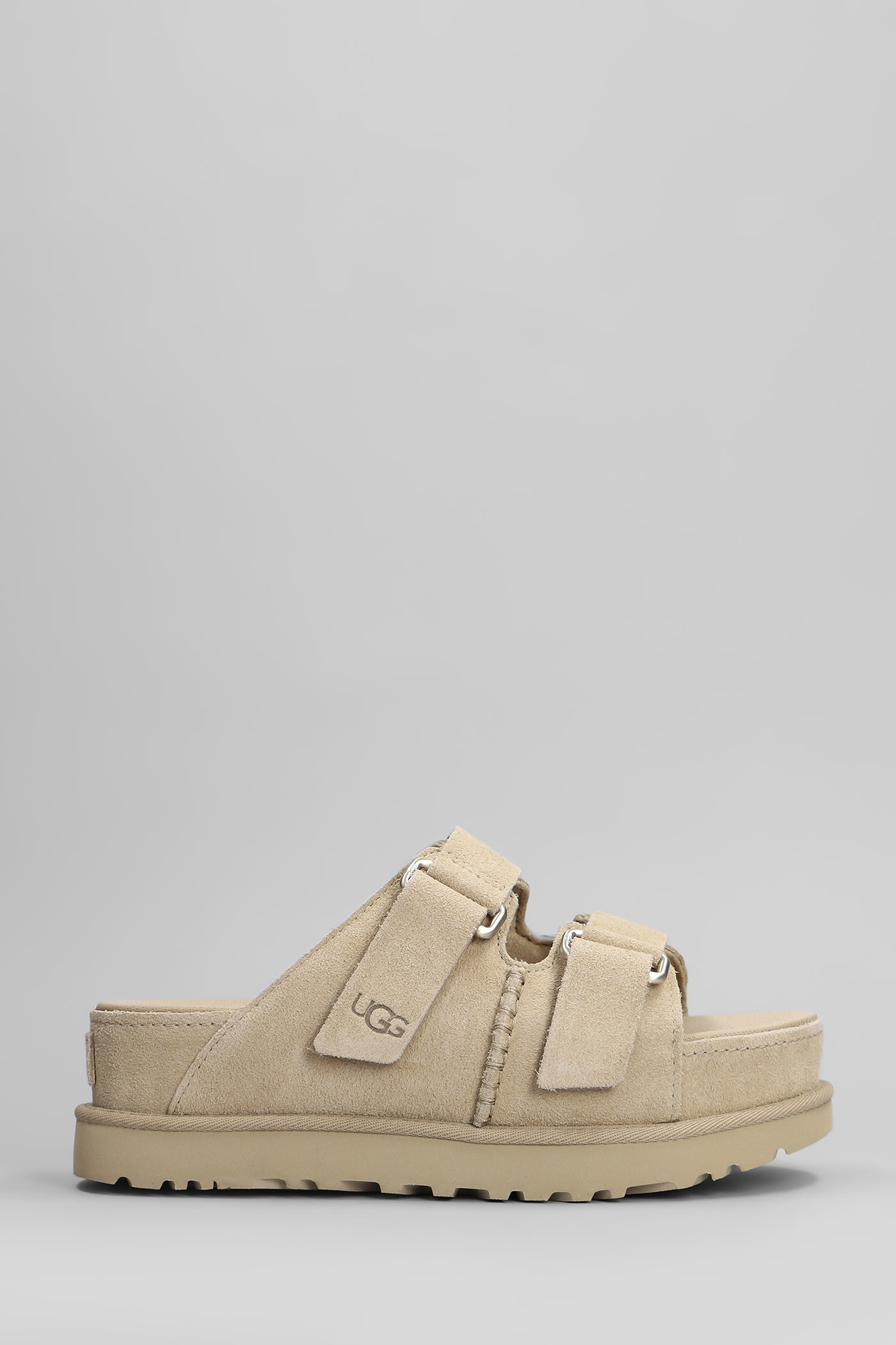UGG GOLDENSTAR HI SLIPPER-MULE IN BEIGE SUEDE