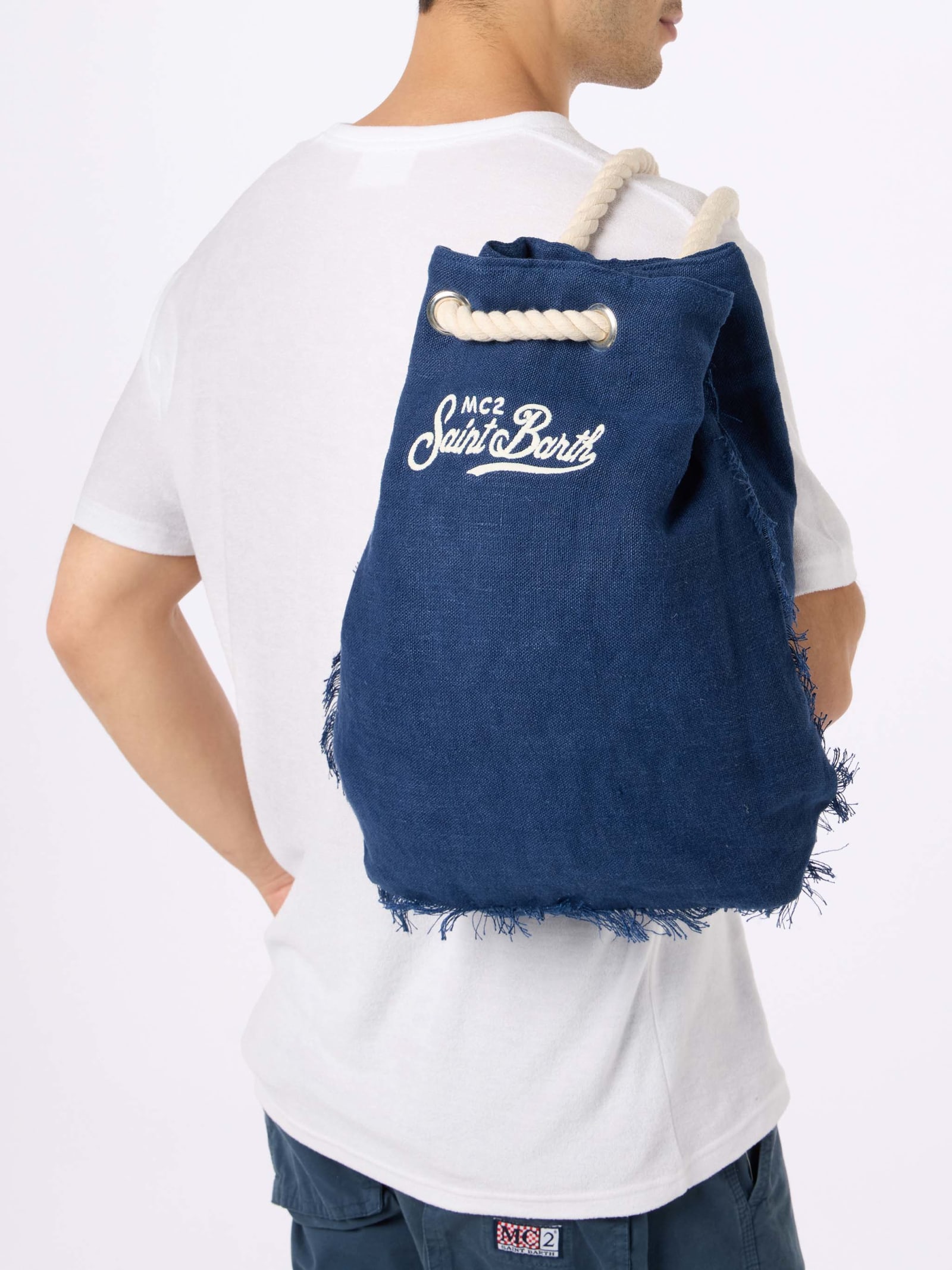Shop Mc2 Saint Barth Blue Boat Linen Backpack