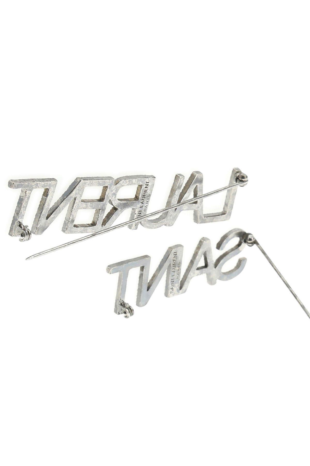 Saint Laurent Silver Metal Brooch Set In Silver/crystal