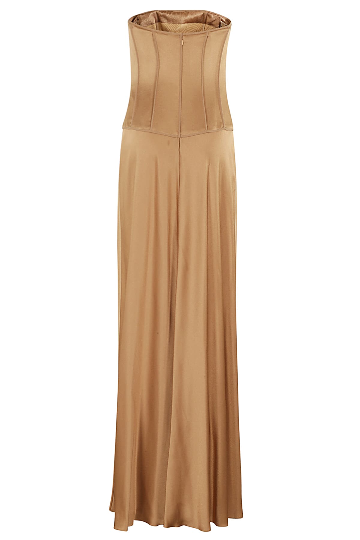 Alberta Ferretti Bustier Satin Dress With Pleated Skirt In Brown