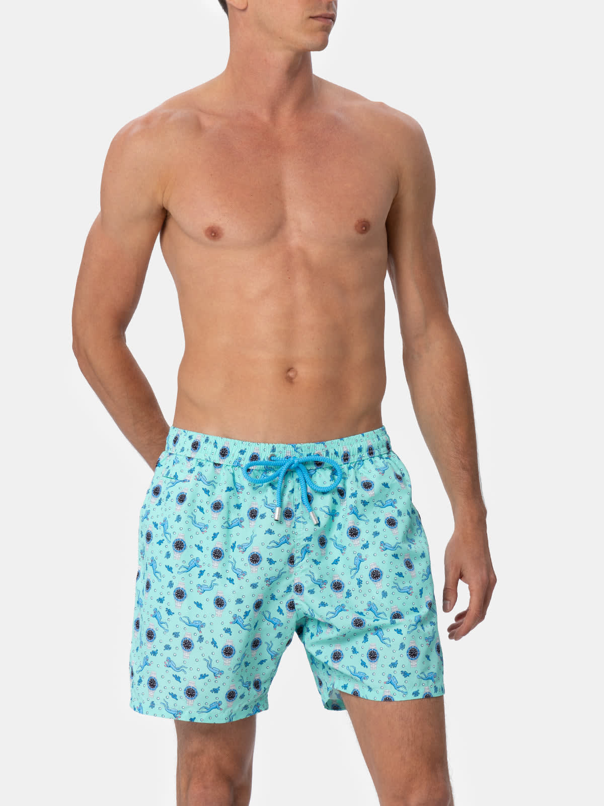 Shop Mc2 Saint Barth Man Lightweight Fabric Swim-shorts Lighting Micro Fantasy With Watches Print In Green