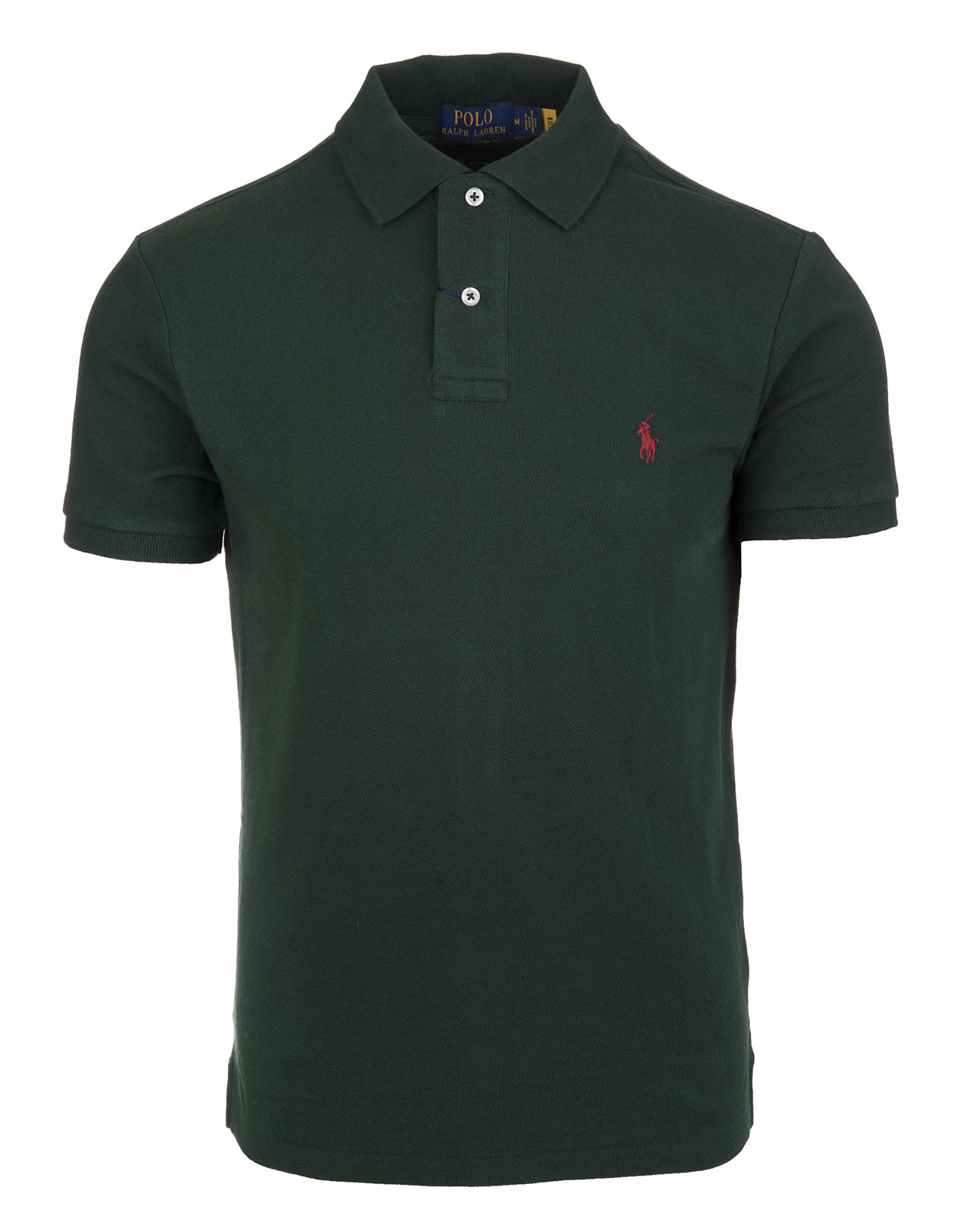 Ralph Lauren Man Dark Green And Red Slim-fit Pique Polo Shirt