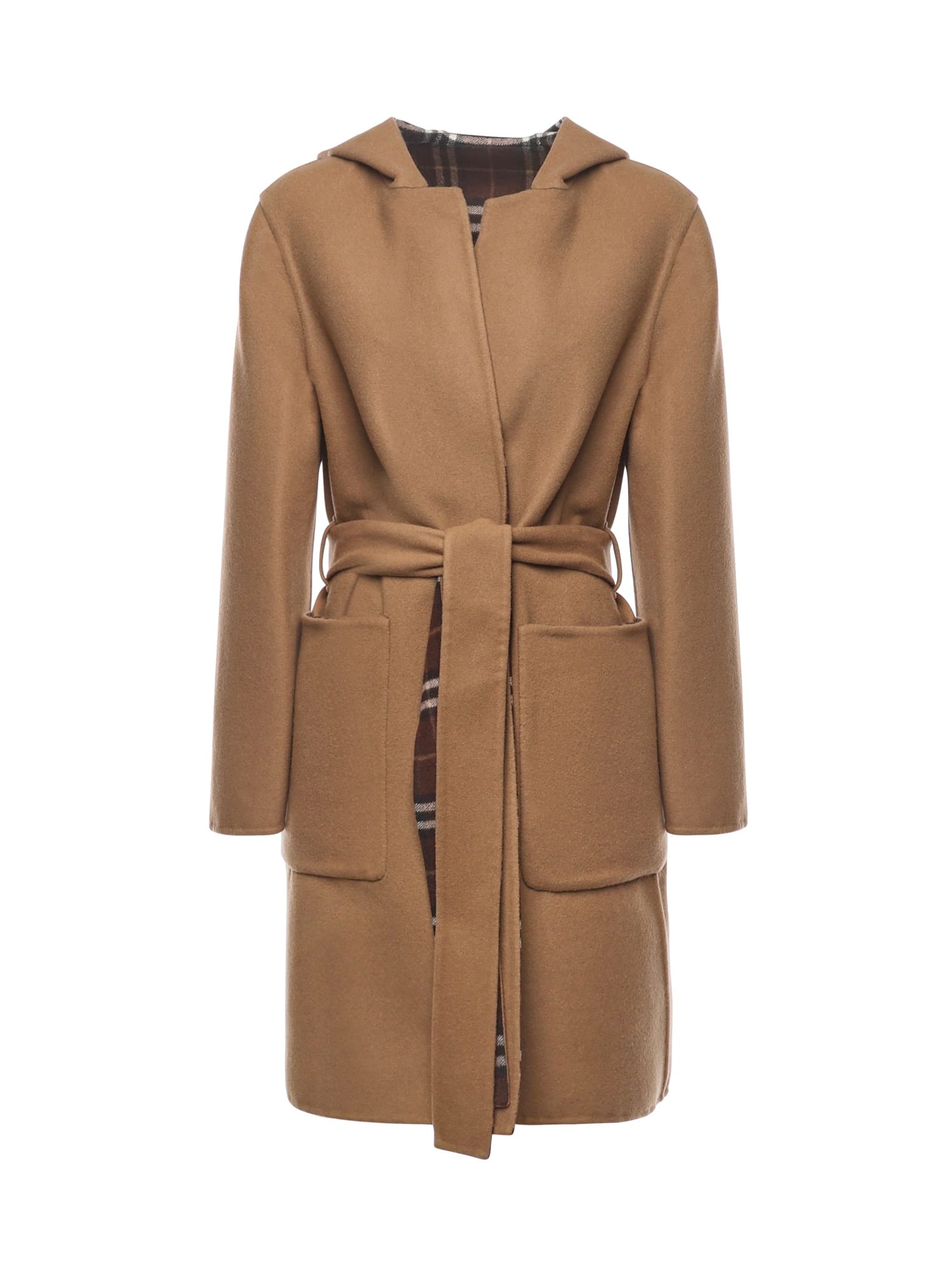Burberry Reversible Wool Coat Belted Waist In Brown
