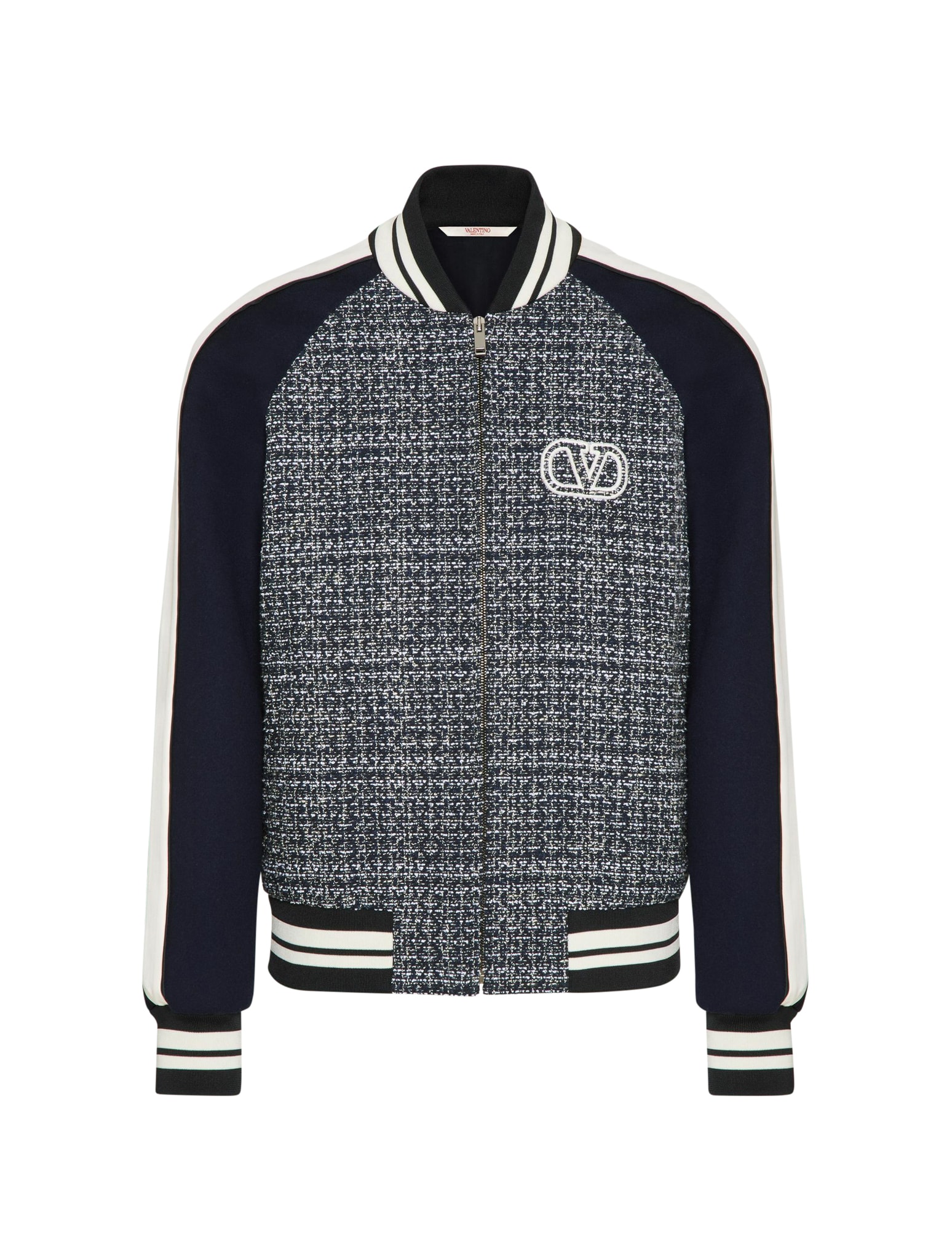 Shop Valentino Vlogo Signature Tweed Bomber Jacket In Zcv Blue White Navy