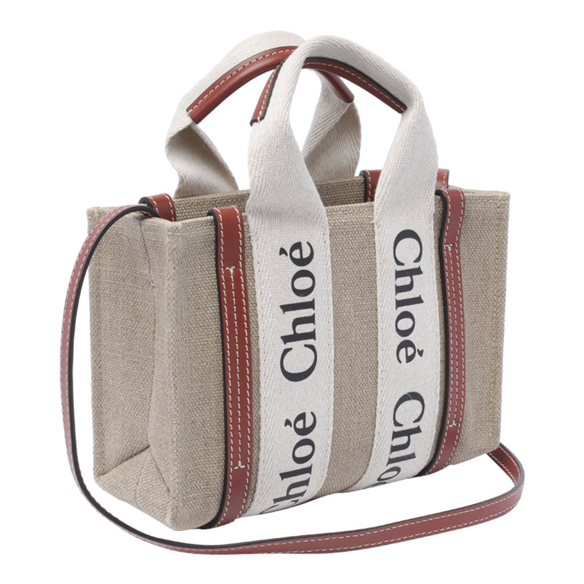 Shop Chloé Woody Linen Mini Tote Bag In Beige