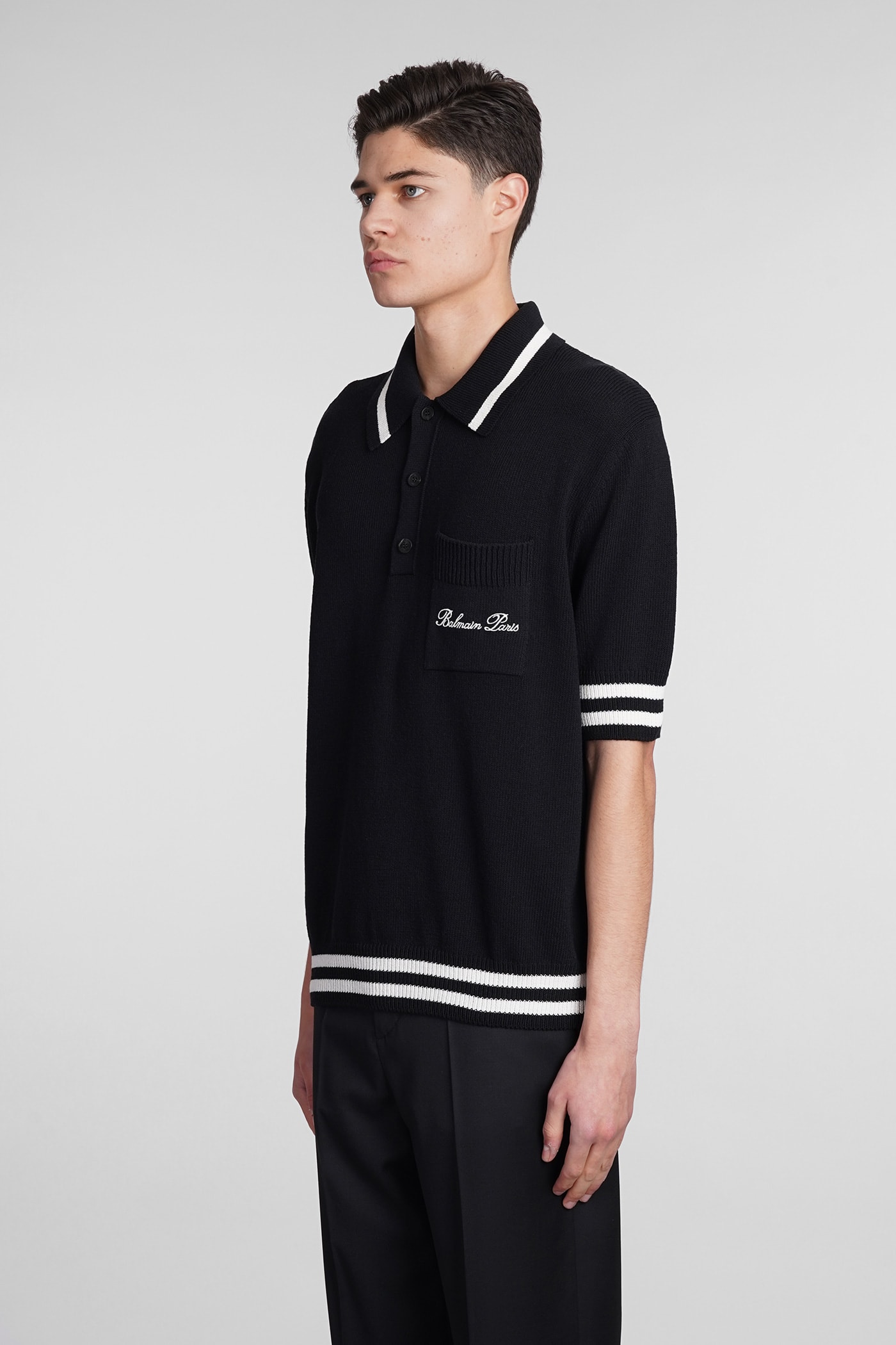 Shop Balmain Polo In Black Wool And Polyester