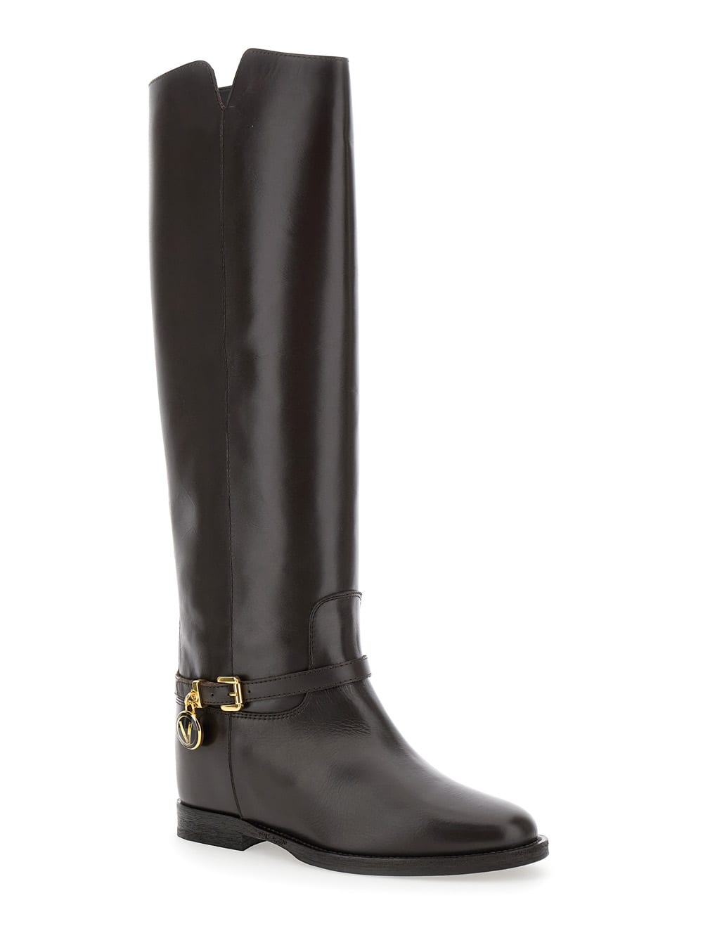 Shop Via Roma 15 Brown Knee Boots With Logo Pendant In Leather Woman