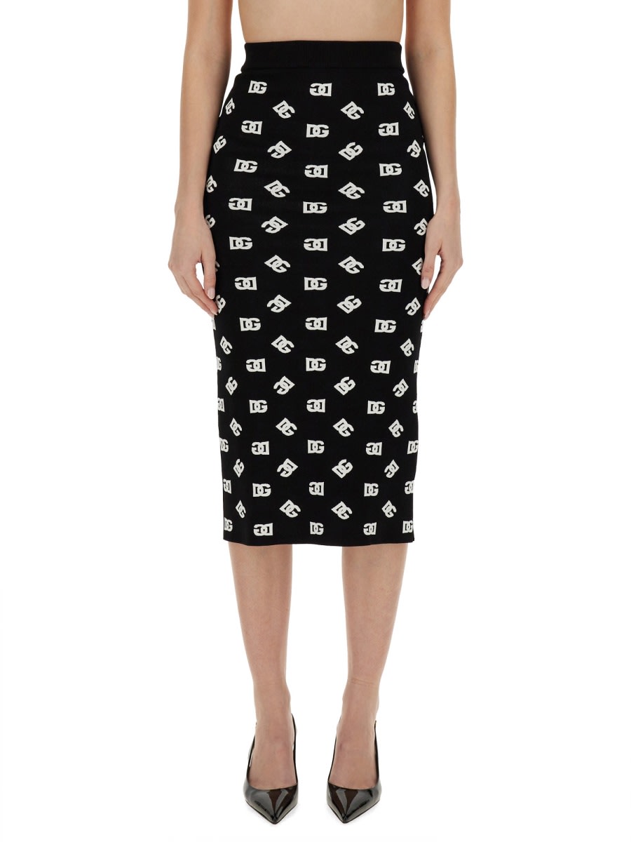 Shop Dolce & Gabbana Viscose Logo Jacquard Pencil Skirt In Black