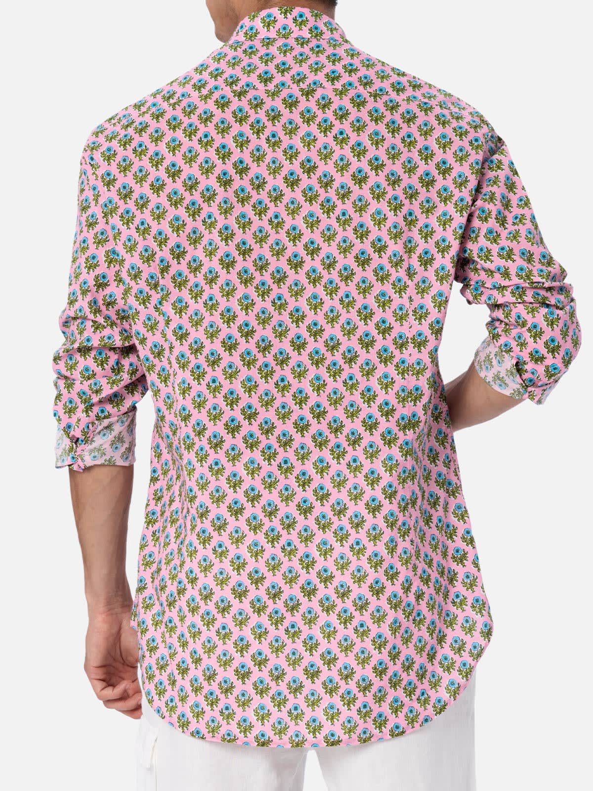 Mc2 Saint Barth Man Muslin Cotton Shirt Sikelia With Radical Flower Print In Pink