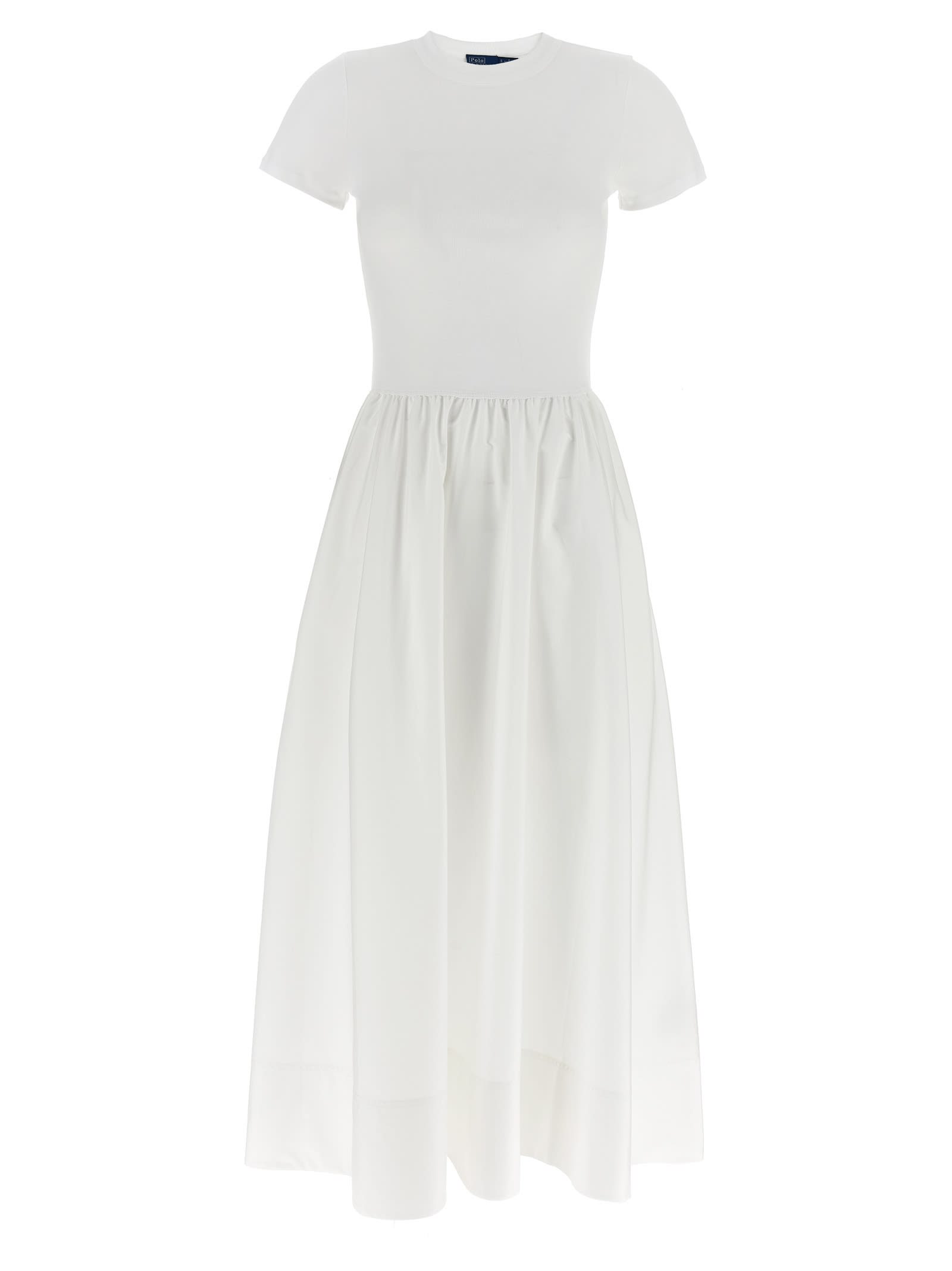 Polo Ralph Lauren Crew Neck Gathered Waist Midi Dress In White