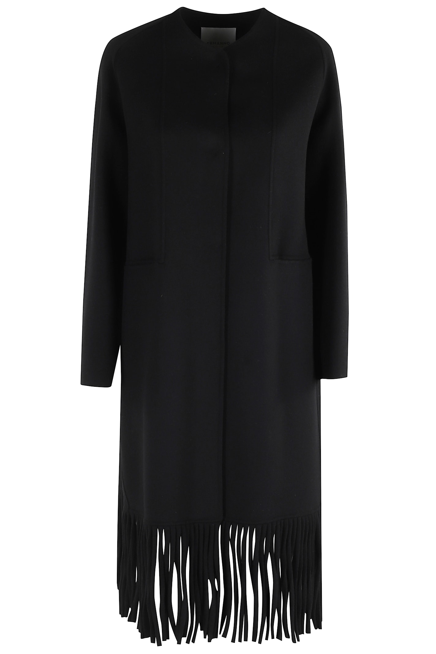 Ermanno Firenze Fringed Hem Long Coat In Wool Blend In Black
