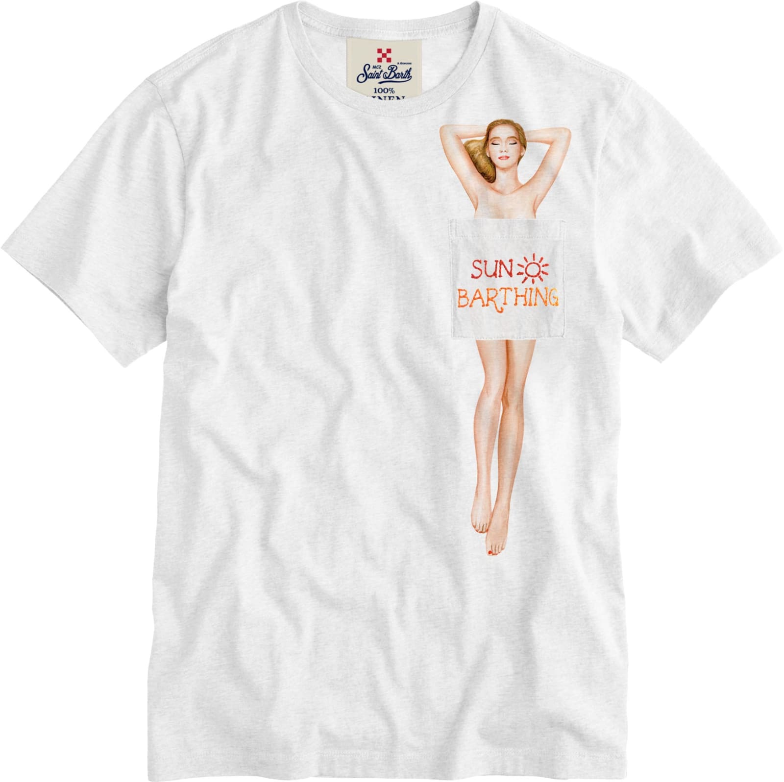MC2 Saint Barth White Linen Man T-shirt With Printed Pocket
