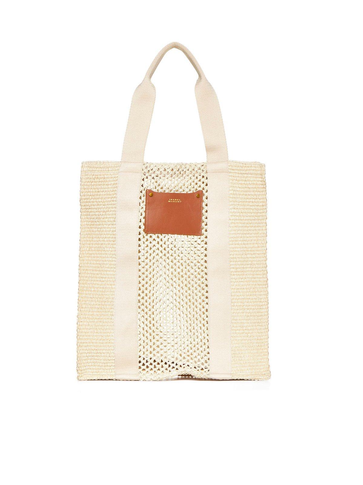 Shop Isabel Marant Striped Woven Top Handle Bag In Beige